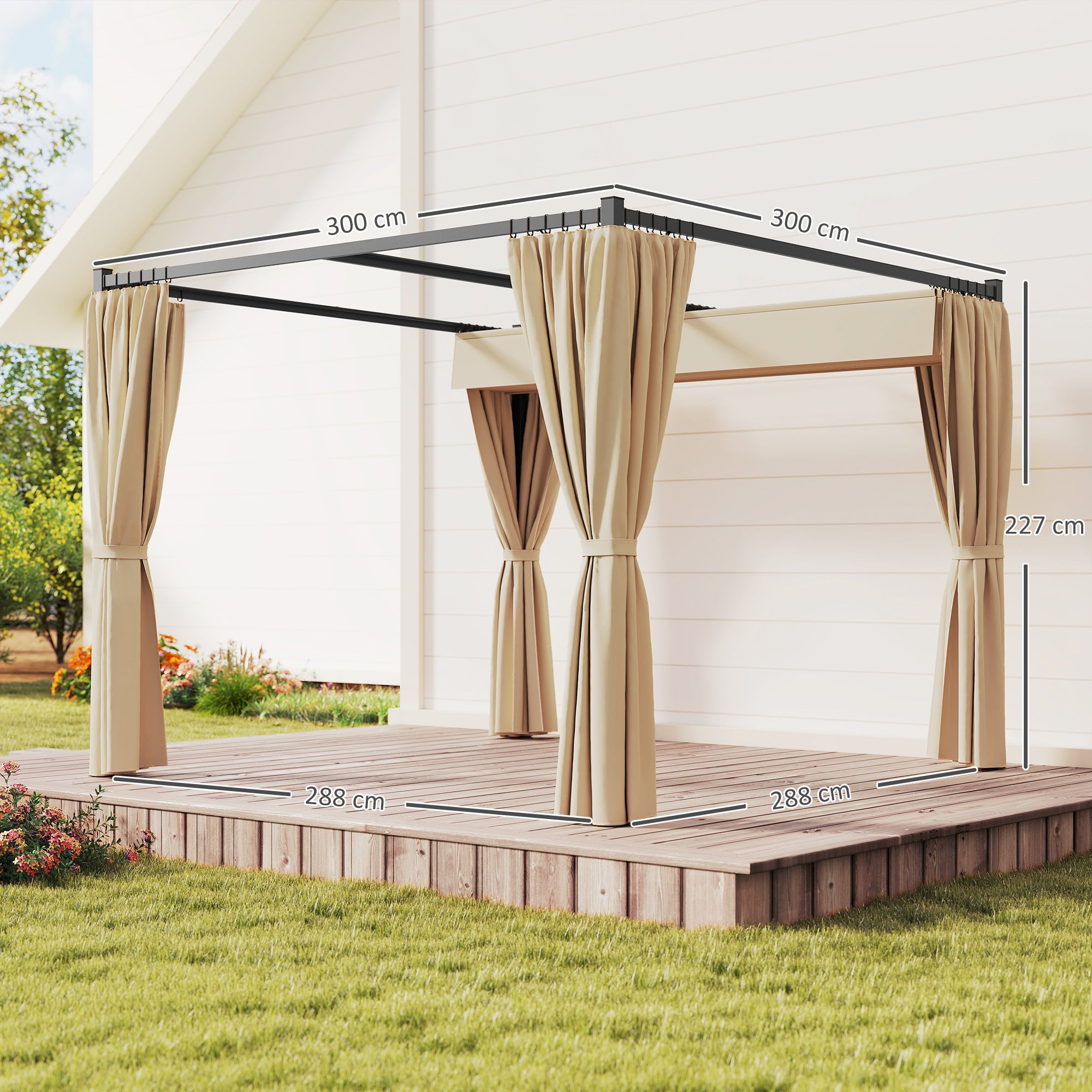 Retractable Roof Pergola Garden Pergola 3x3m Gazebo with Side Walls Water-Resistant Polyester Fabric Pavilion for Garden Patio Terrace Outdoor Beige