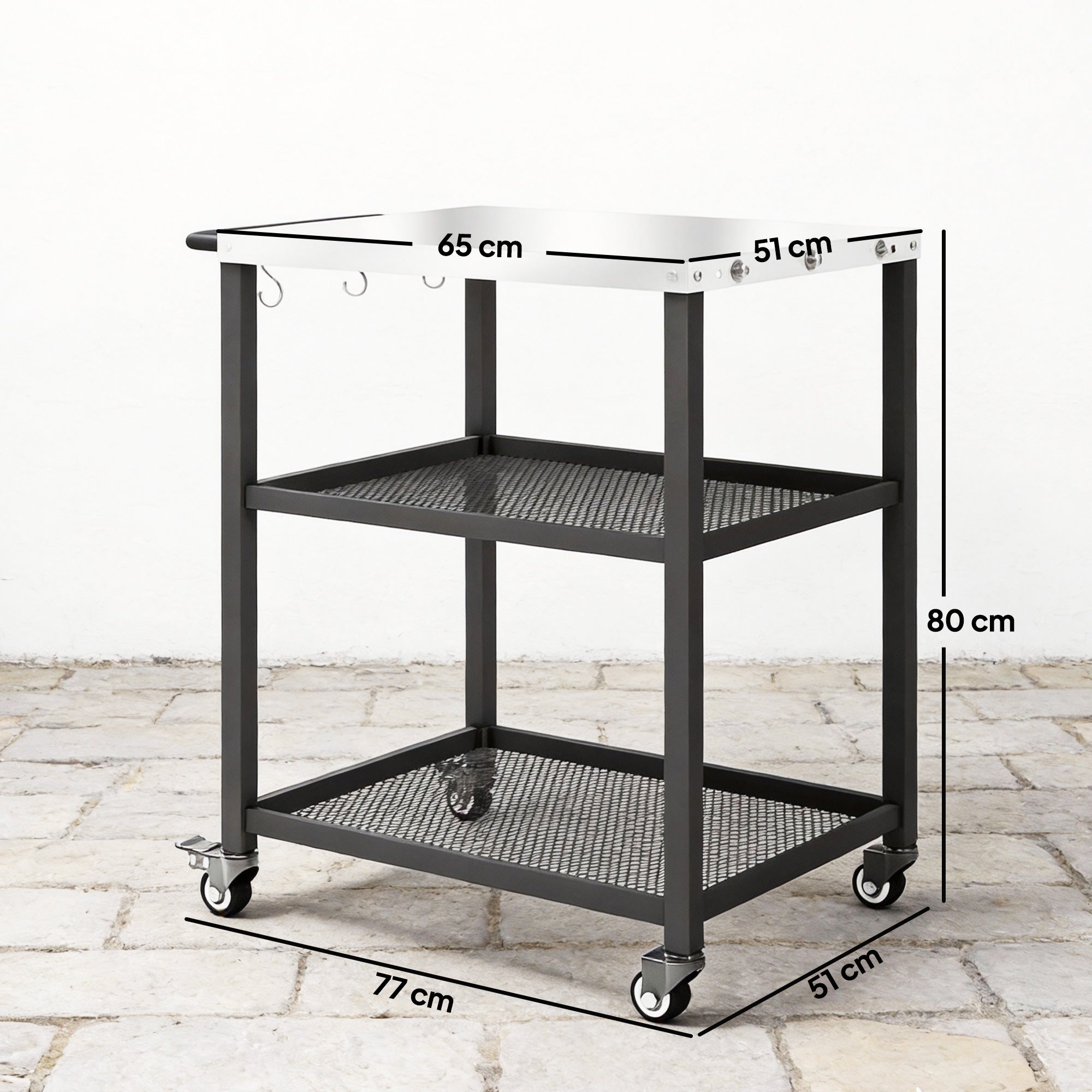 3-Tier BBQ Cart – Mobile Outdoor Grill Trolley with Stainless Steel Worktop, Adjustable Shelf, Wheels & Brakes, Hooks, Handle – Black