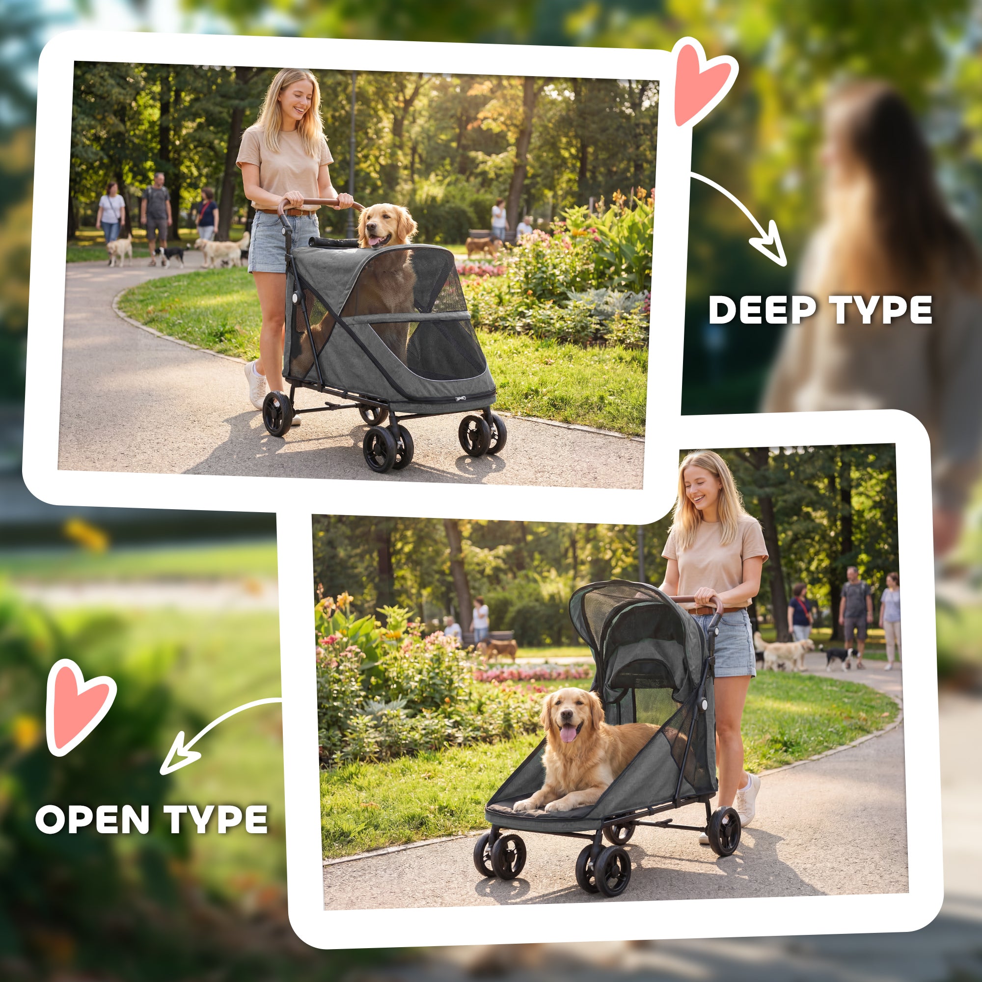 Foldable Dog Stroller – Up to 88 lb, 4-Wheel Suspension, 360° Swivel Front Wheels, Washable Cushion, Adjustable Handle, Gray