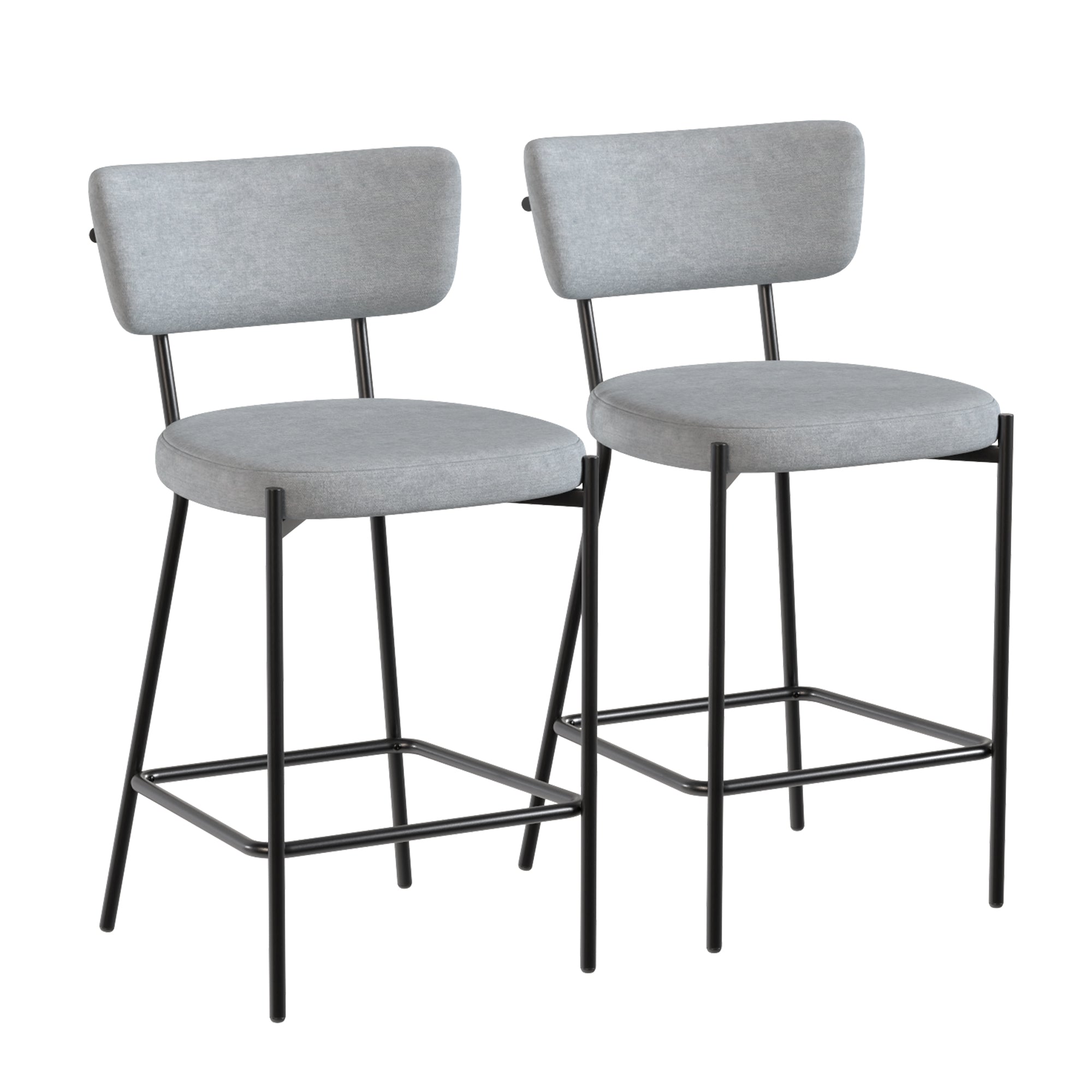 Set of 2 Upholstered Bar Stools — 24.8" Seat Height, Curved Back & Footrest, Metal Legs, Linen-Look Fabric, Light Gray