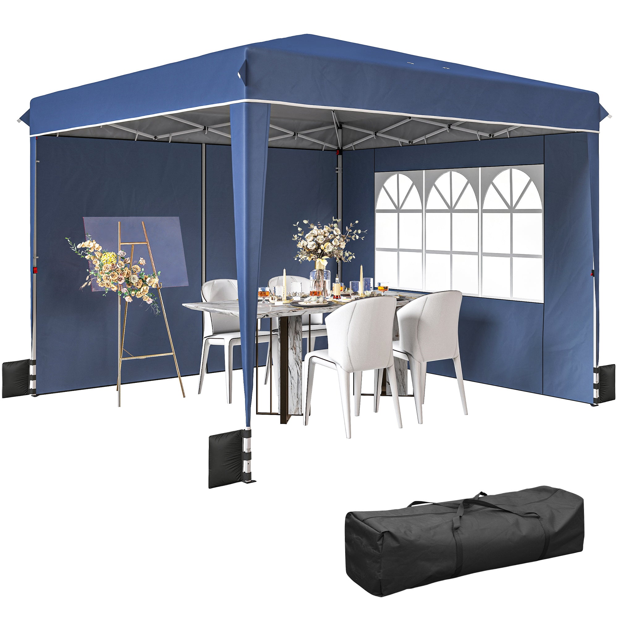 3 x 3 m (10'x10') Waterproof Pop-Up Canopy, Adjustable Height, 2 Removable Sidewalls, UV50+, Foldable Party Tent with Carry Bag & Sandbags — Dark Blue