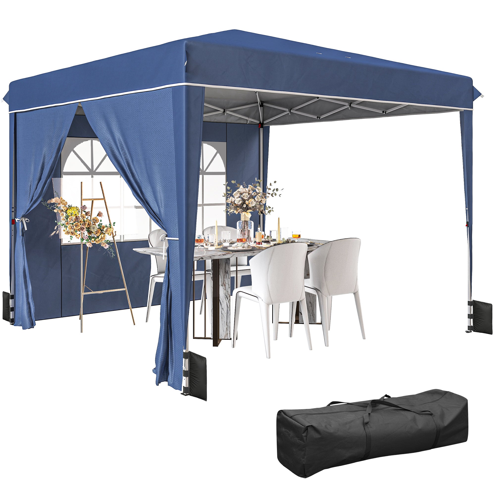 3 x 3 m (10'x10') Waterproof Pop-Up Canopy, Adjustable Height, 2 Removable Sidewalls, UV50+, Foldable Party Tent with Carry Bag & Sandbags — Dark Blue