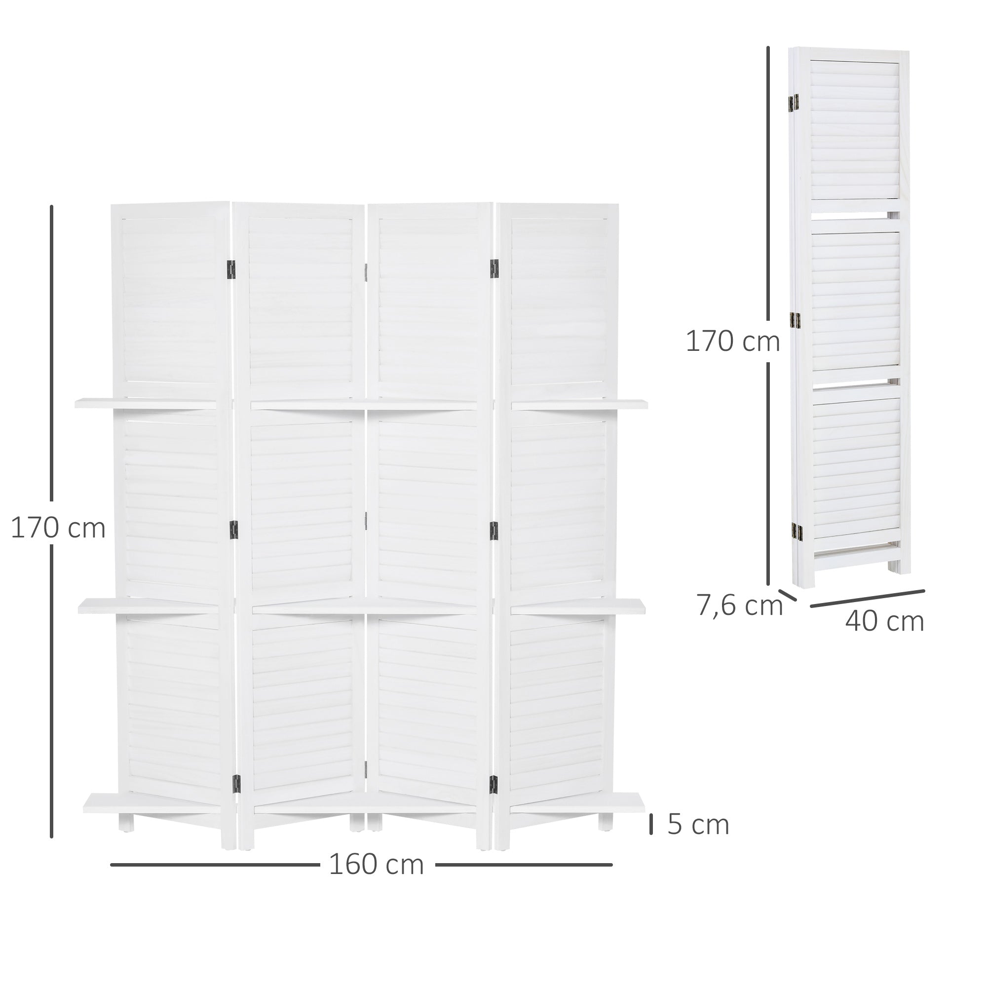 4-Panel Wood Room Divider Folding Partition with 3 Removable Shelves Shutter Design for Bedroom Office 63x67 inches White