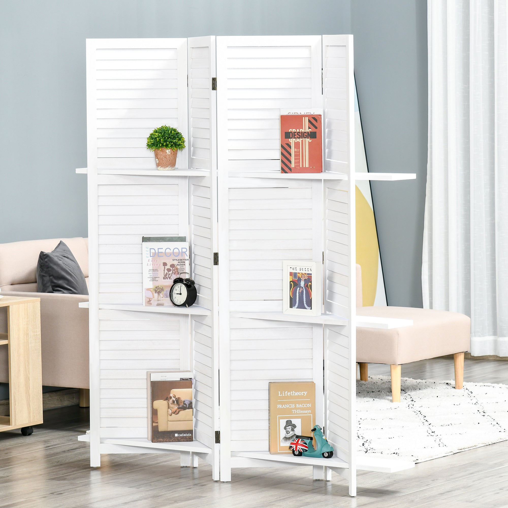 4-Panel Wood Room Divider Folding Partition with 3 Removable Shelves Shutter Design for Bedroom Office 63x67 inches White