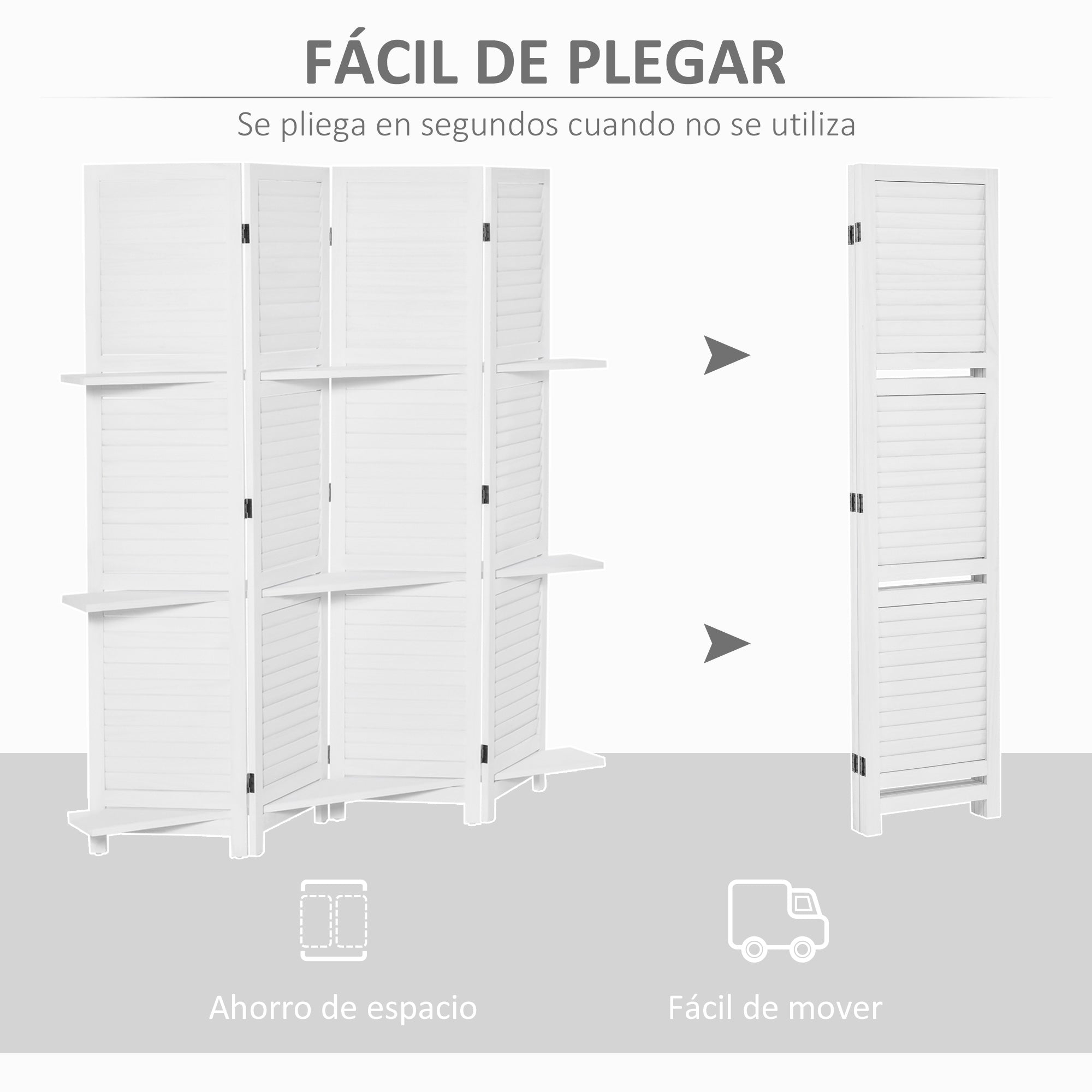 4-Panel Wood Room Divider Folding Partition with 3 Removable Shelves Shutter Design for Bedroom Office 63x67 inches White