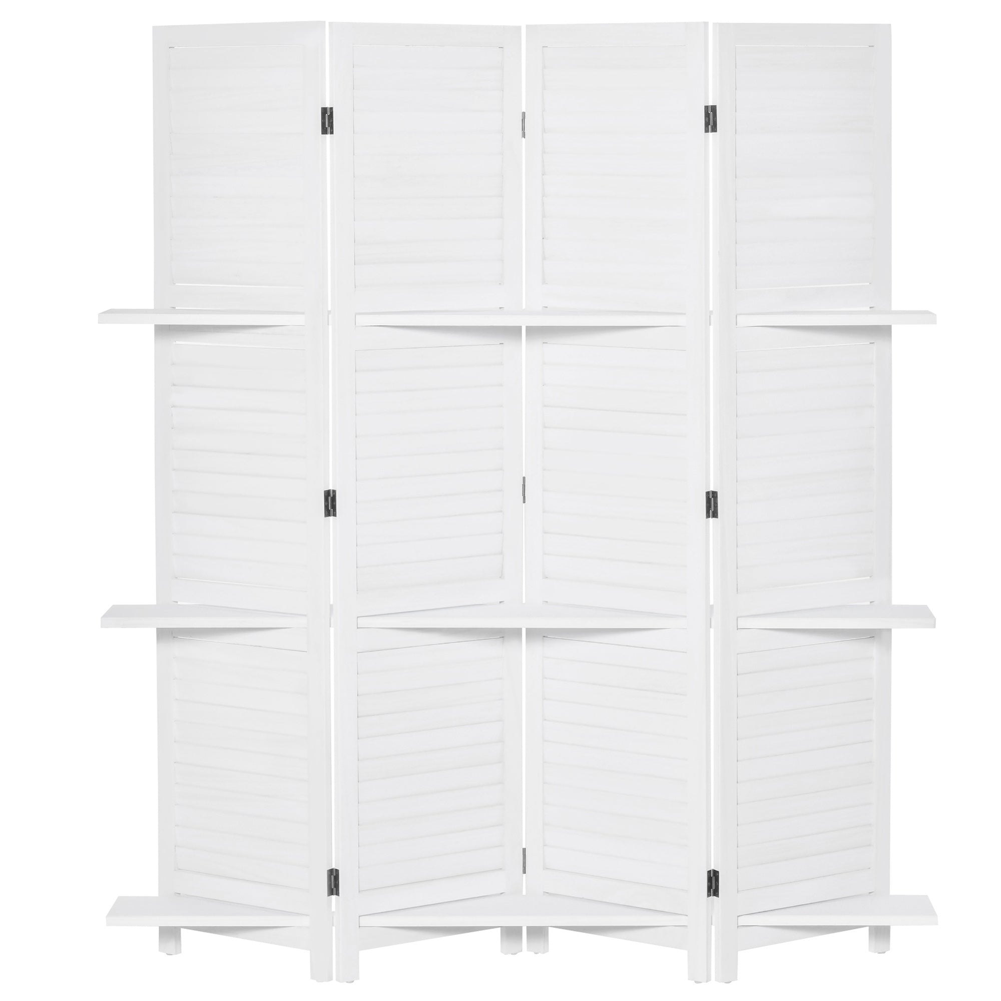 4-Panel Wood Room Divider Folding Partition with 3 Removable Shelves Shutter Design for Bedroom Office 63x67 inches White