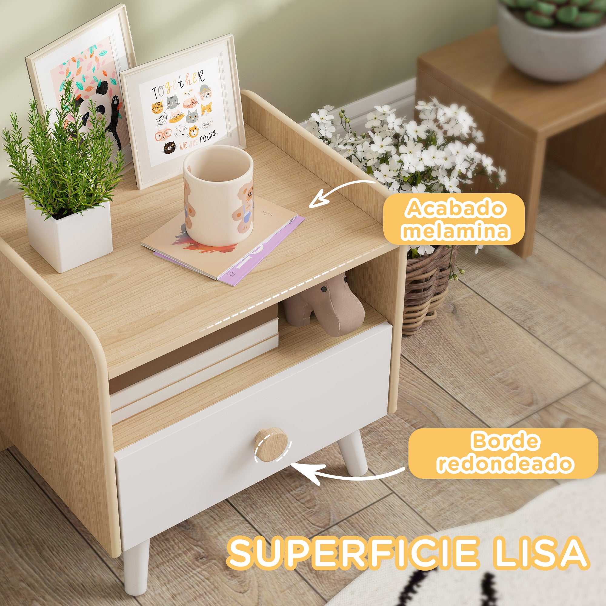 Children's Wooden Bedside Table Nightstand for Kids +3 Years with Drawer and Rounded Edges for Oak and White Bedroom