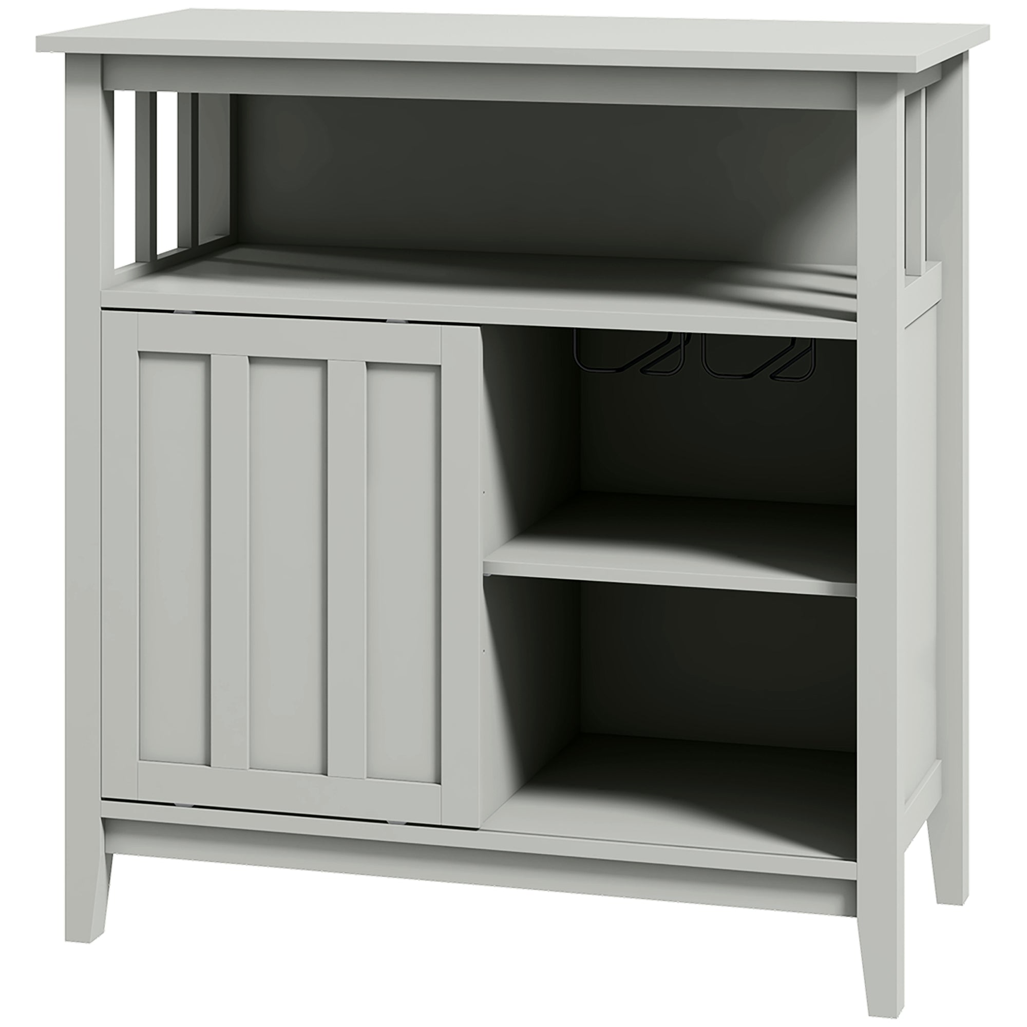 Kitchen Storage Buffet with Adjustable Shelf, Bottle Rack, Sliding Door, 2 Rows Glass Holder, and Open Niche 80L x 40W x 82H cm Gray