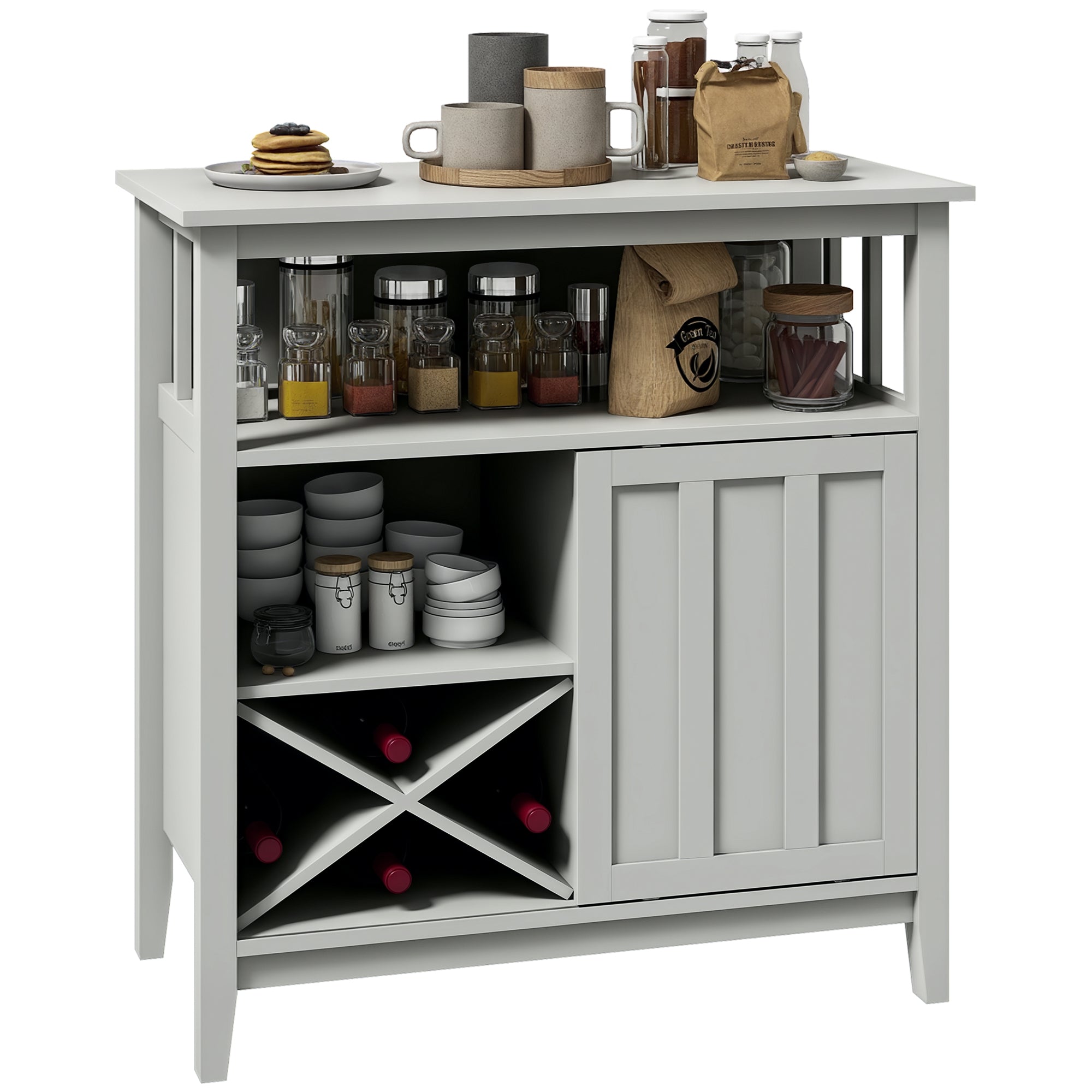 Kitchen Storage Buffet with Adjustable Shelf, Bottle Rack, Sliding Door, 2 Rows Glass Holder, and Open Niche 80L x 40W x 82H cm Gray