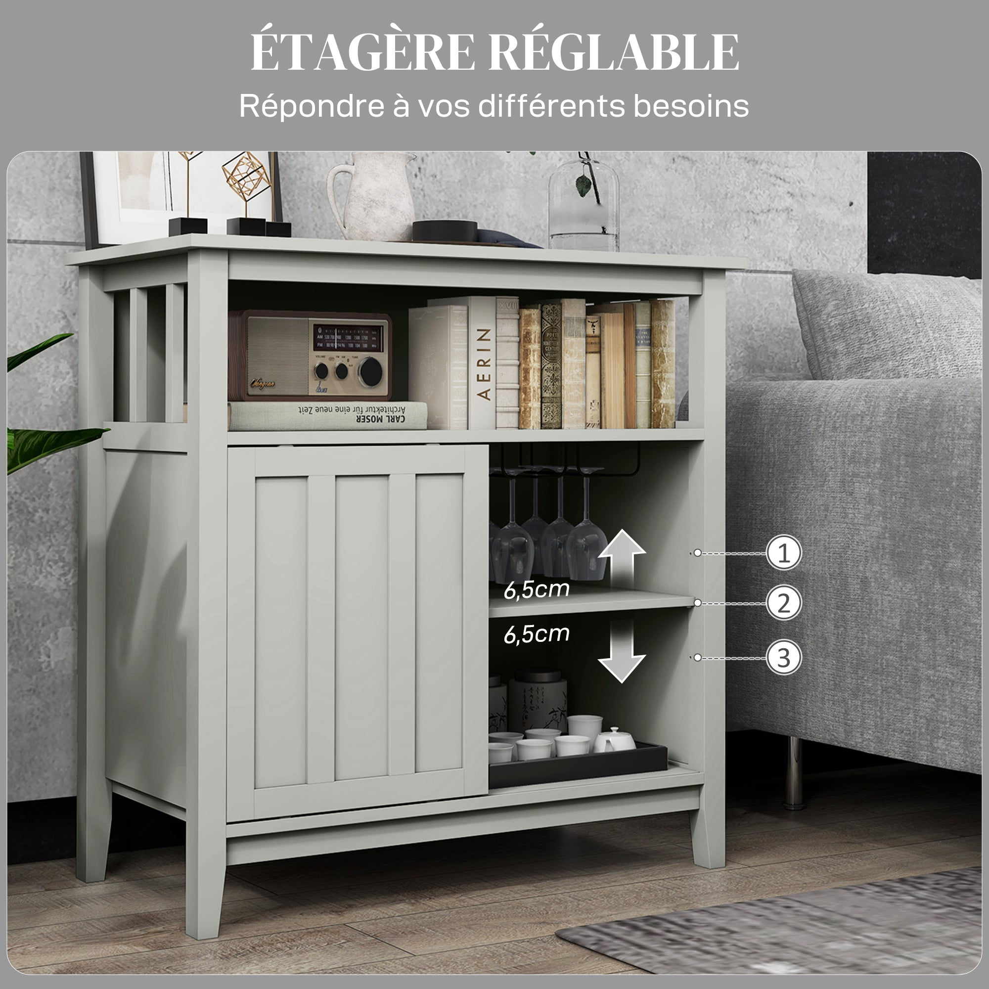 Kitchen Storage Buffet with Adjustable Shelf, Bottle Rack, Sliding Door, 2 Rows Glass Holder, and Open Niche 80L x 40W x 82H cm Gray
