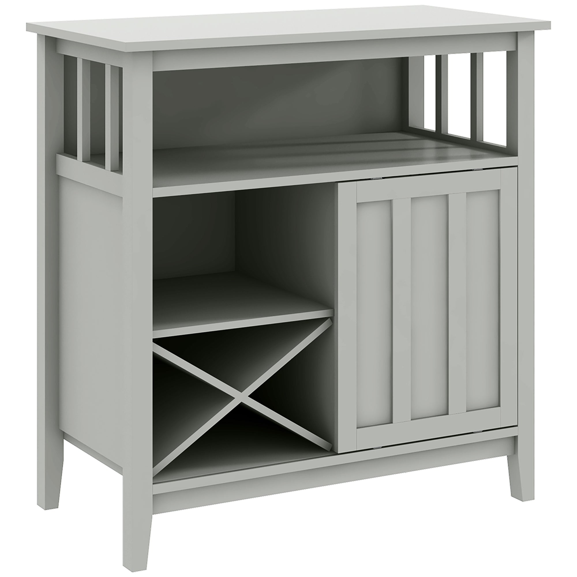 Kitchen Storage Buffet with Adjustable Shelf, Bottle Rack, Sliding Door, 2 Rows Glass Holder, and Open Niche 80L x 40W x 82H cm Gray