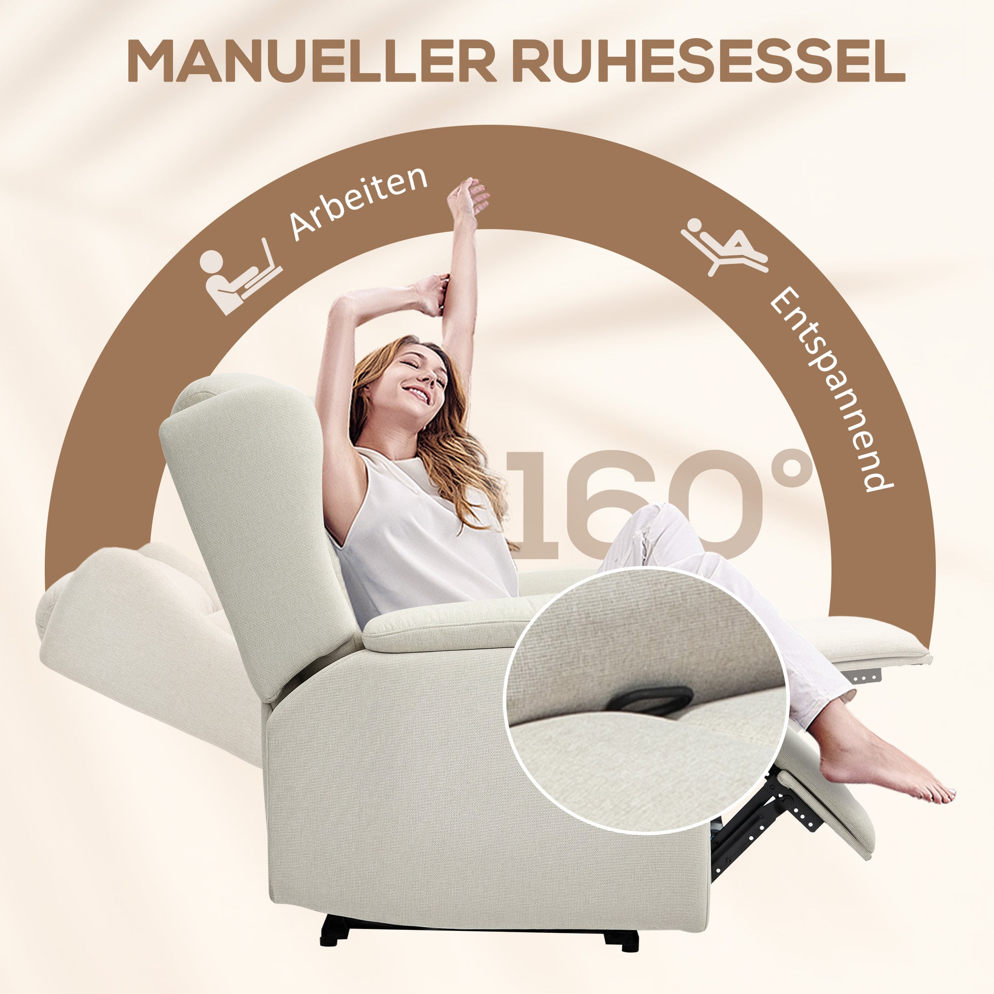 Recliner, TV Armchair with Reclining Function, TV Armchair with Pocket Spring Core, Padded Reclining Armchair, Relax Armchair up to 150 kg Load Capacity for Living Room, Bedroom, Beige