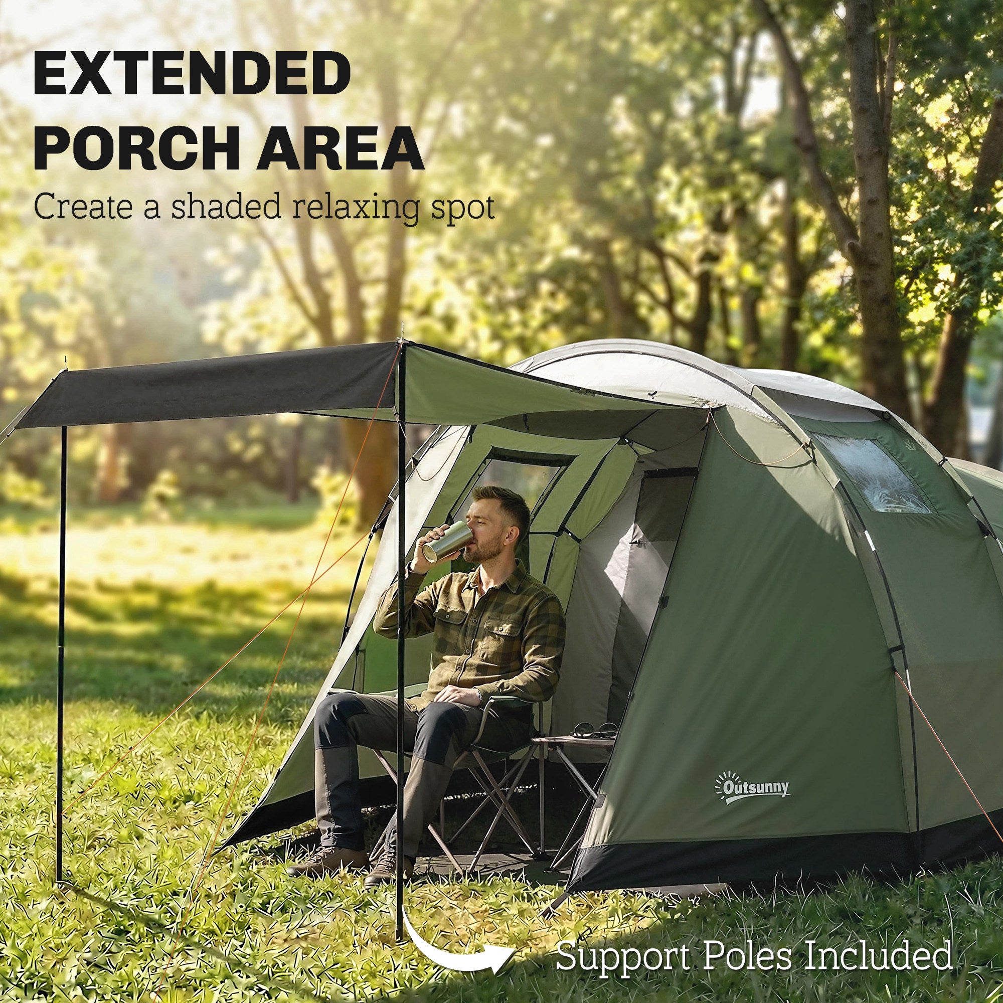 3–4 Person Camping Tent — Waterproof Family Tent with Sleeping Cabin, Front Awning & Living Area, 3000 mm Hydrostatic Head, Green