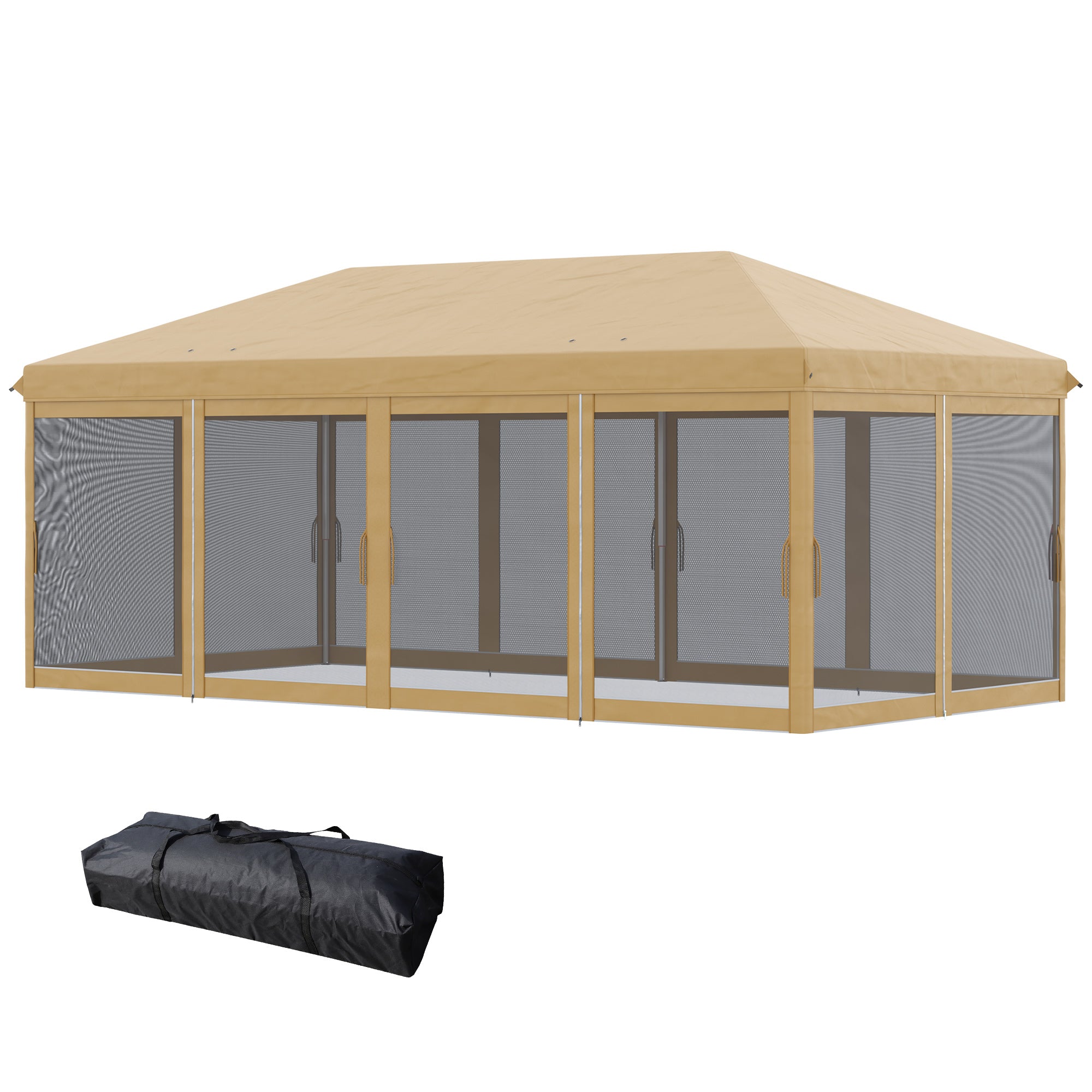 Foldable Pop-Up Gazebo 6x3 m with 6 Mesh Side Walls Anti-UV and Carrying Bag for Camping Parties Beige
