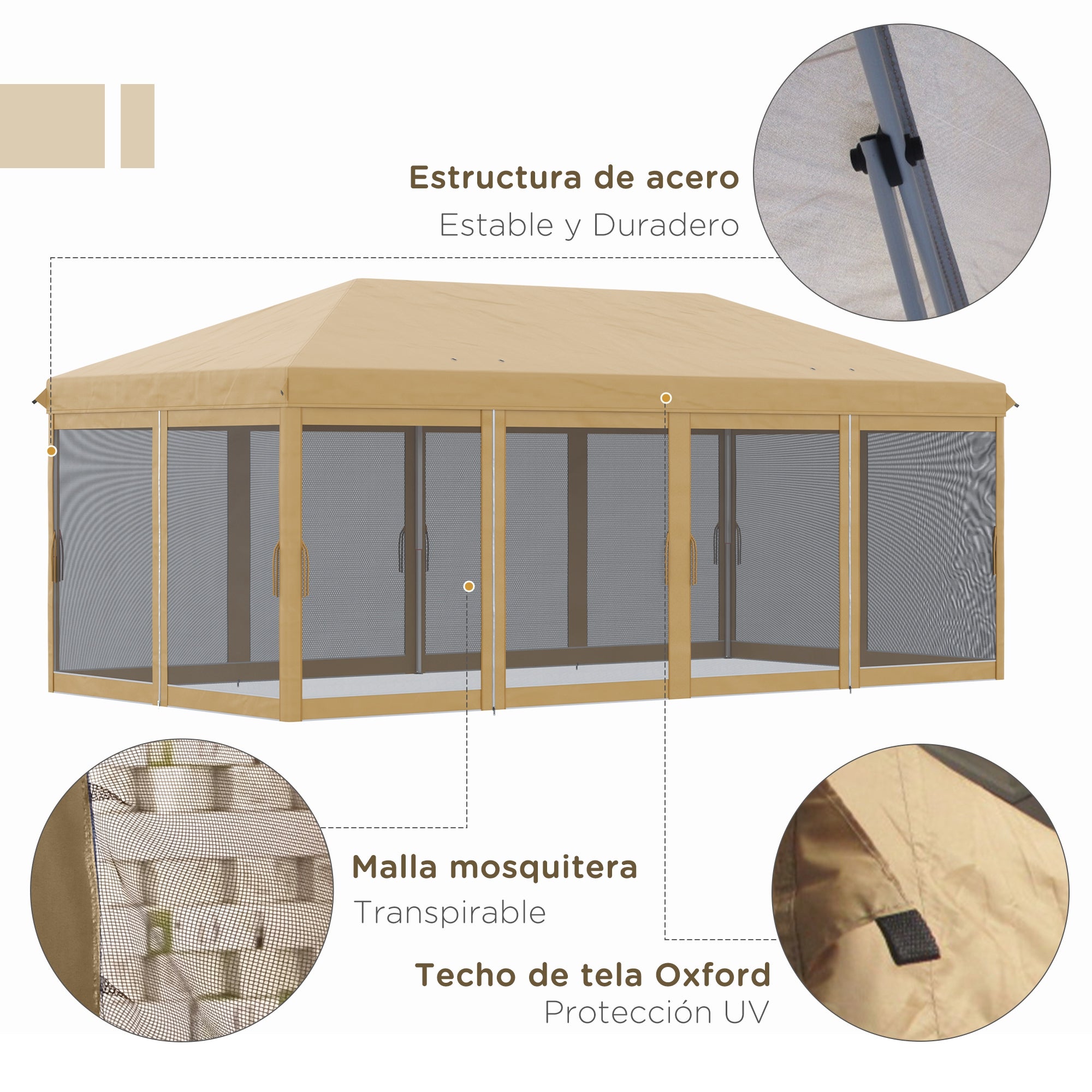 Foldable Pop-Up Gazebo 6x3 m with 6 Mesh Side Walls Anti-UV and Carrying Bag for Camping Parties Beige