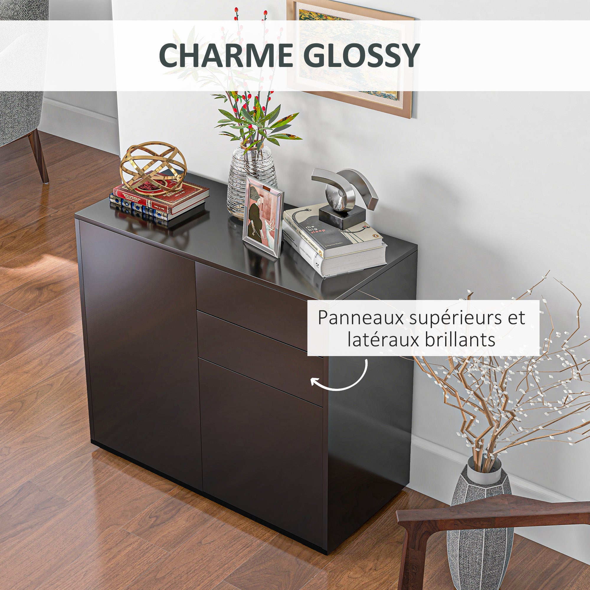 Storage Cabinet Buffet Chest of Drawers Storage Cabinet with 2 Drawers and 2 Door Cabinets, Adjustable Shelves, for Living Room, Kitchen, Bedroom, 79 x 36 x 74 cm Glossy Black