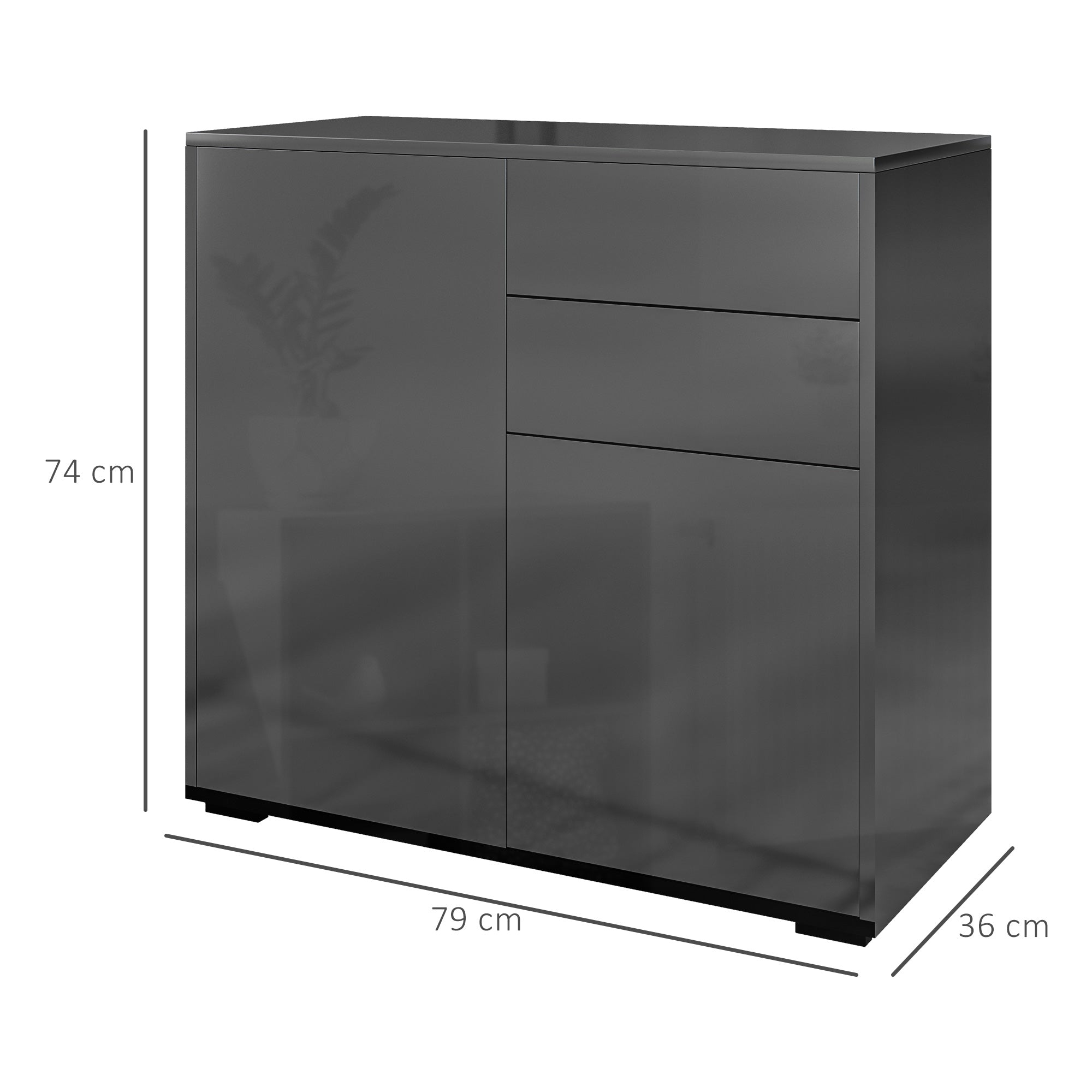 Storage Cabinet Buffet Chest of Drawers Storage Cabinet with 2 Drawers and 2 Door Cabinets, Adjustable Shelves, for Living Room, Kitchen, Bedroom, 79 x 36 x 74 cm Glossy Black