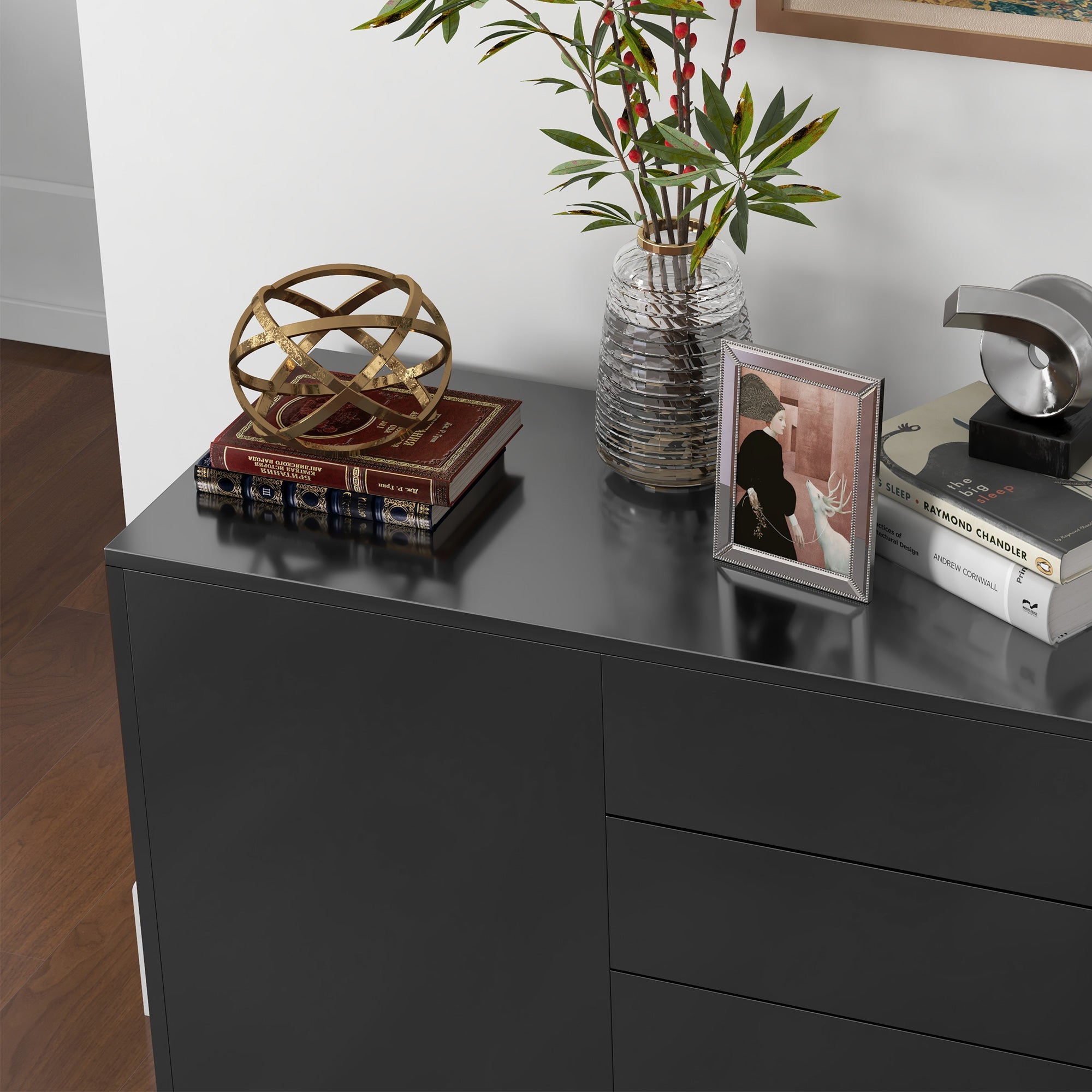 Storage Cabinet Buffet Chest of Drawers Storage Cabinet with 2 Drawers and 2 Door Cabinets, Adjustable Shelves, for Living Room, Kitchen, Bedroom, 79 x 36 x 74 cm Glossy Black