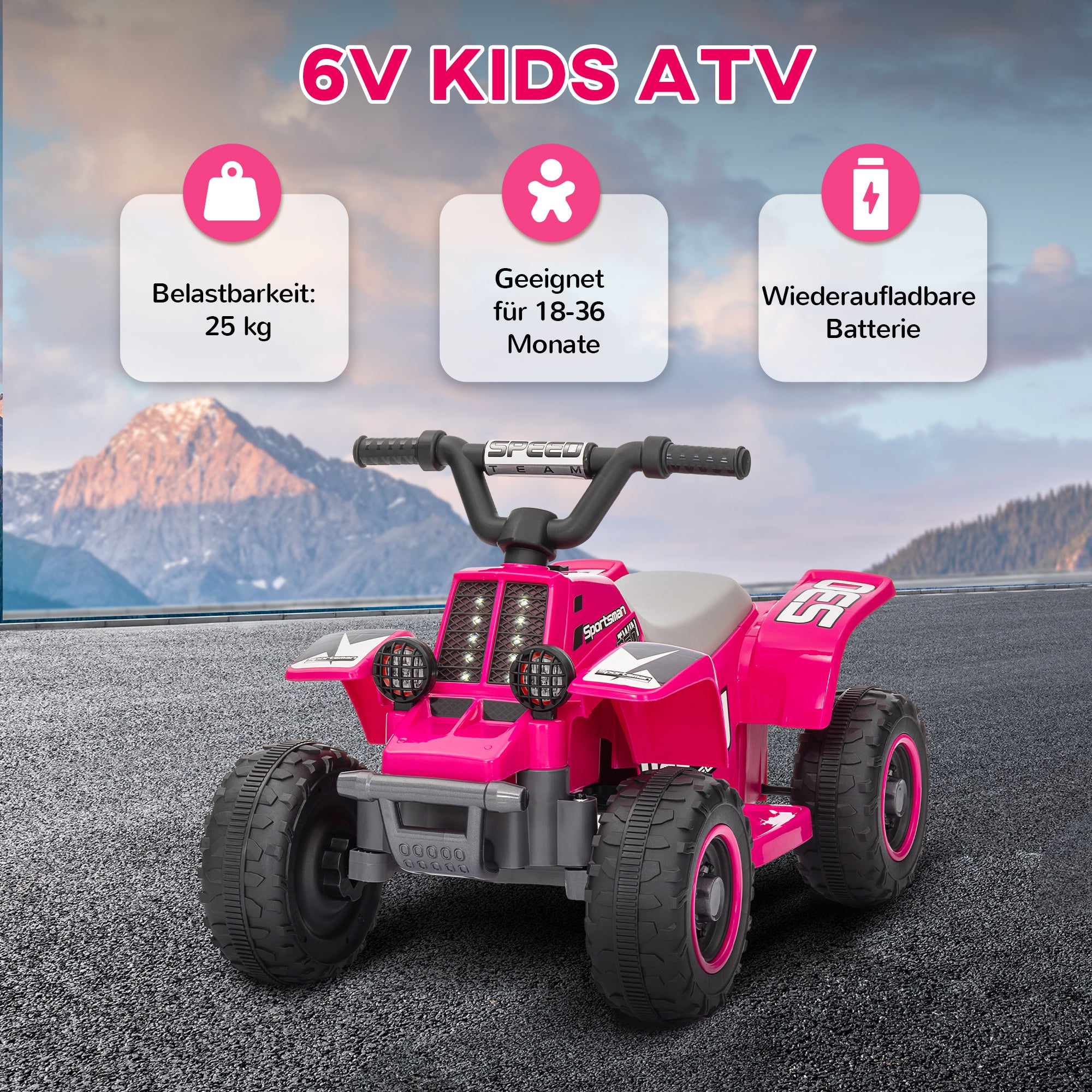 Kids Electric Quad Ride-On with Forward and Reverse Function, LED Lights, and Horn Electric Toy for 1.5-3 Year Olds Children 3 km/h Metal Pink