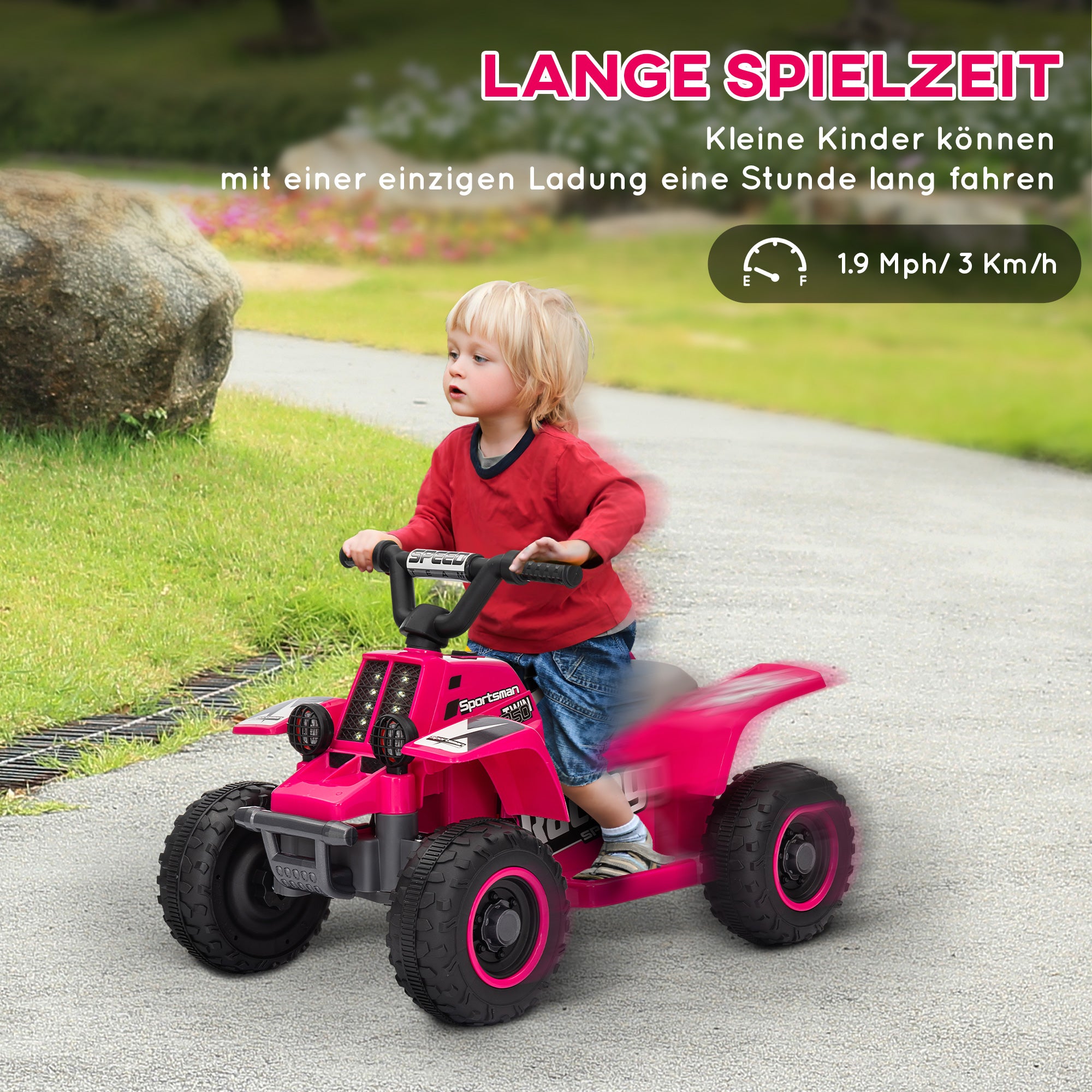 Kids Electric Quad Ride-On with Forward and Reverse Function, LED Lights, and Horn Electric Toy for 1.5-3 Year Olds Children 3 km/h Metal Pink