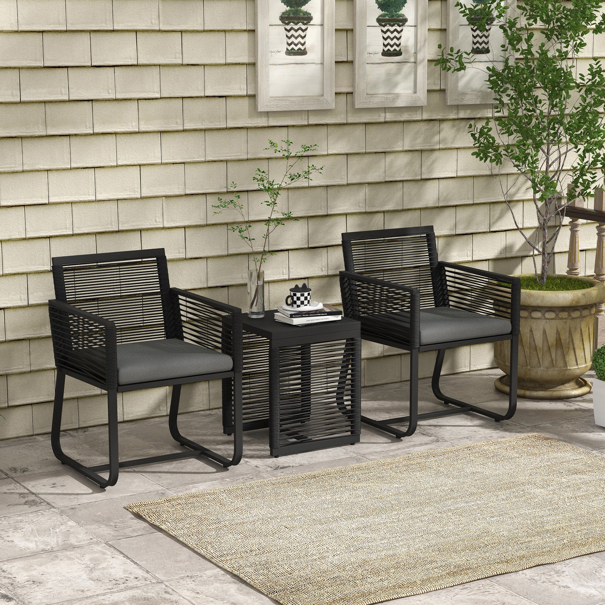 3-Piece Rattan Garden Set, Outdoor Lounge with 2 Armchairs with Removable Cushions and Black Glass Coffee Table