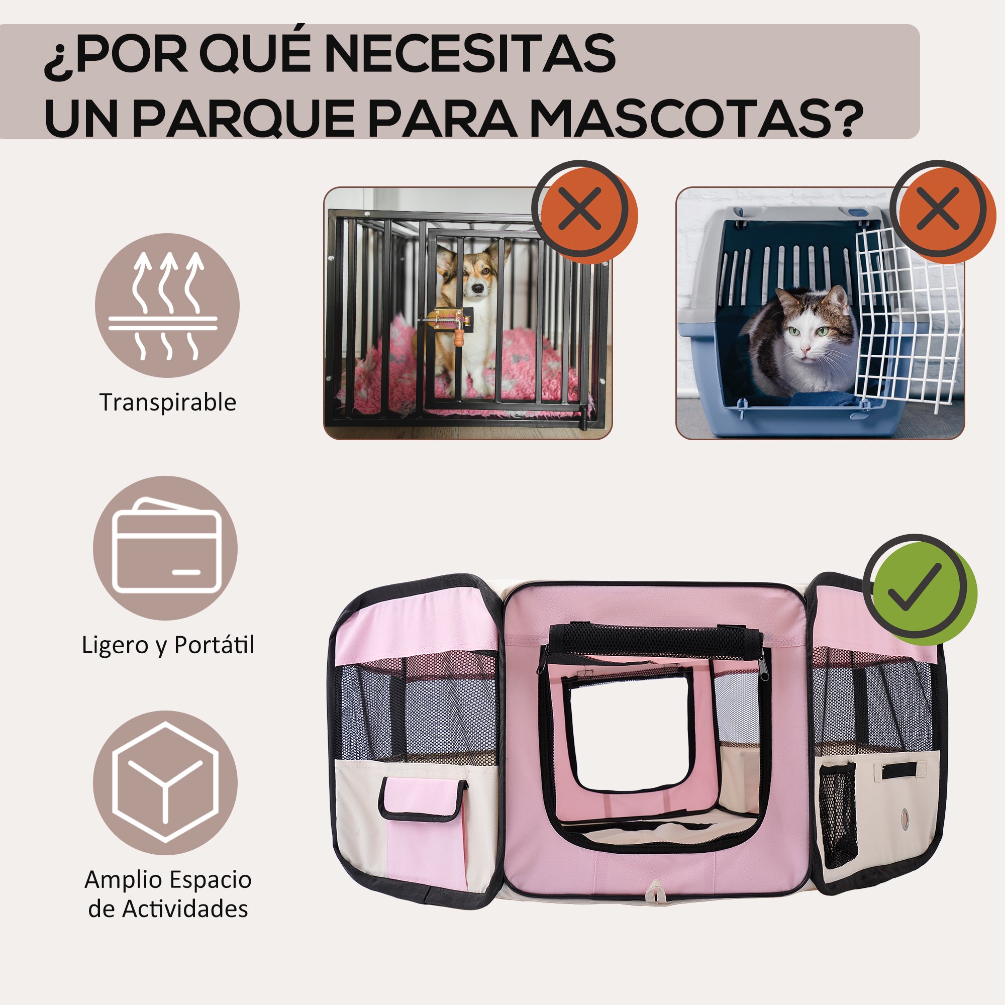 Foldable Playpen for Dogs & Cats — Portable Octagonal Pet Pen, Water-Resistant 600D Oxford with 2 Zippered Doors, Indoor/Outdoor, Ø90 x 41 cm (35.4 x 16.1 in), Pink
