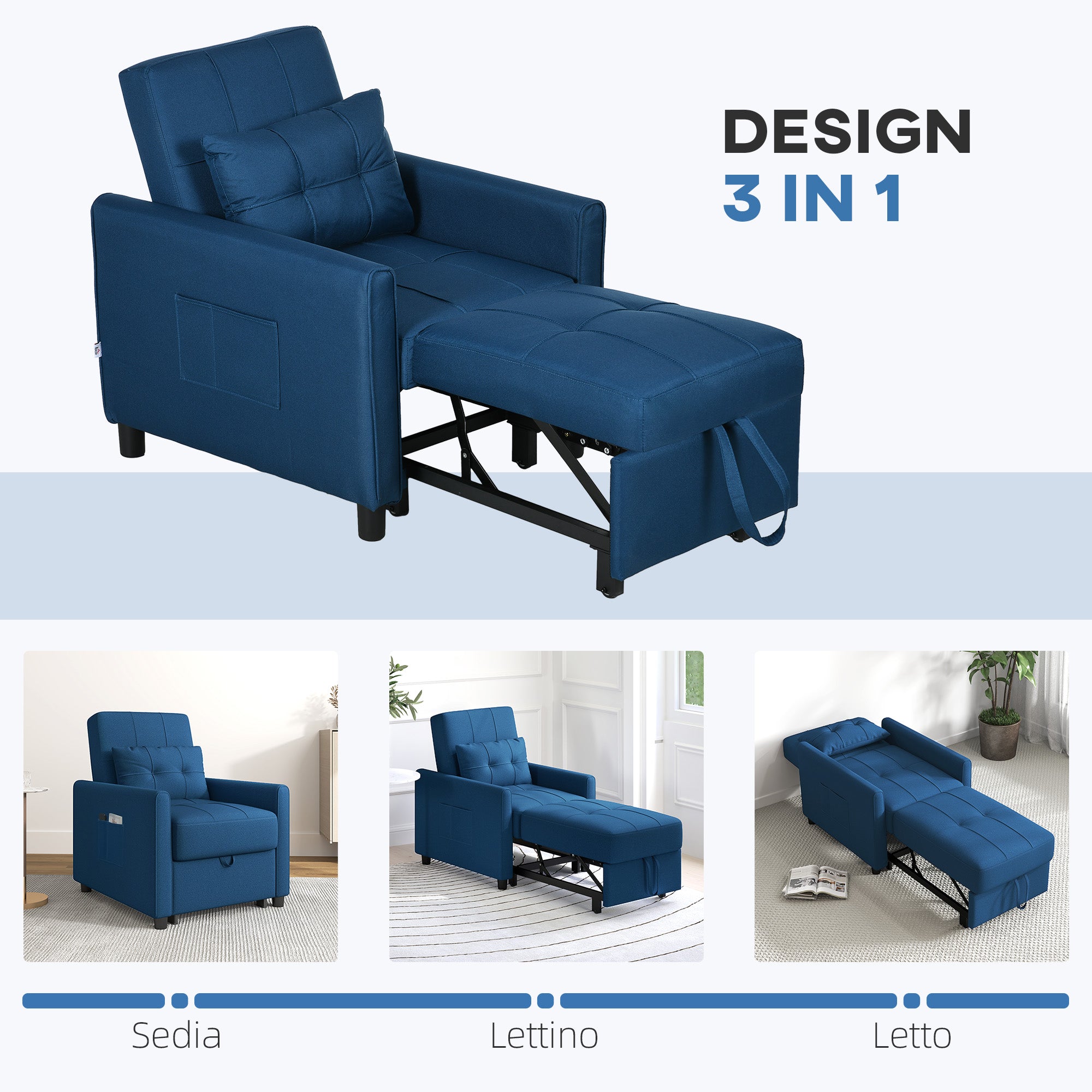 Single Sofa Bed with 3-Level Reclining Backrest, 2 Wheels, and Cushion, Foldable Single Sofa Bed for Living Room in Linen Effect Fabric and Wood, 69x82x85cm, Blue