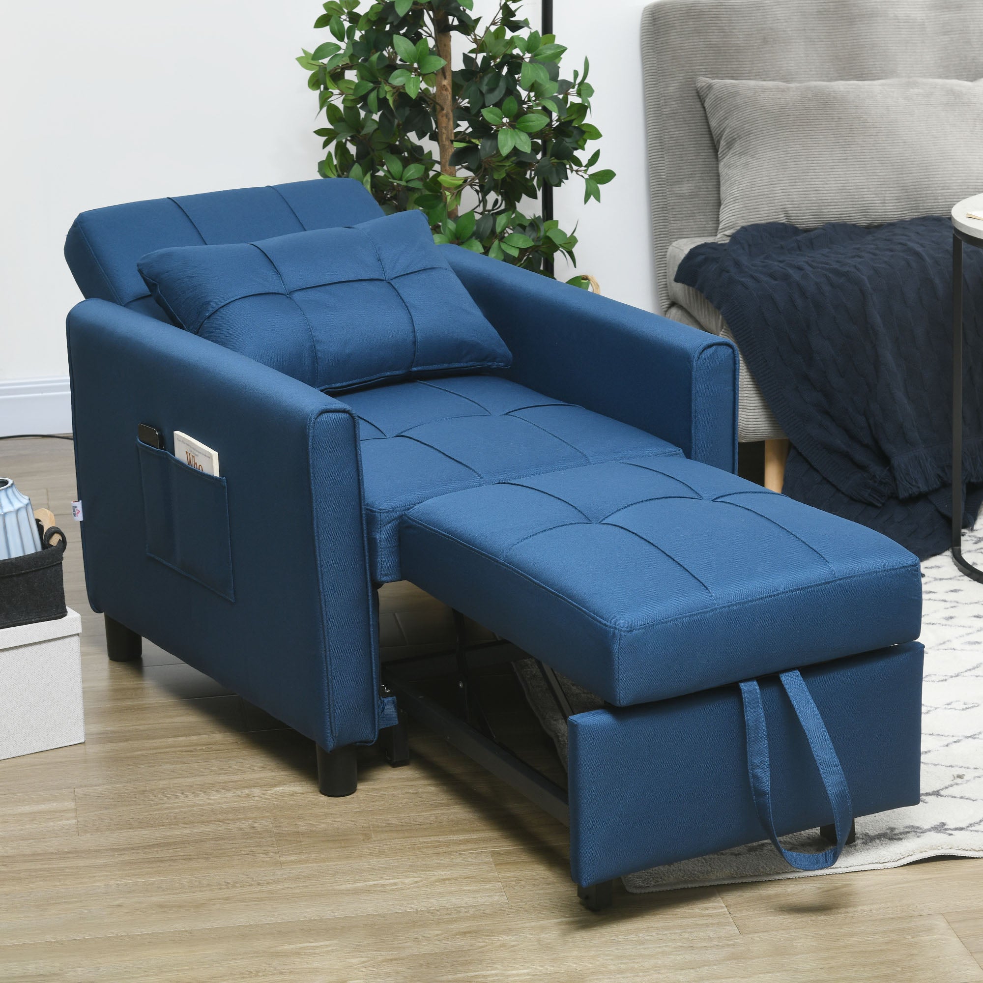 Single Sofa Bed with 3-Level Reclining Backrest, 2 Wheels, and Cushion, Foldable Single Sofa Bed for Living Room in Linen Effect Fabric and Wood, 69x82x85cm, Blue
