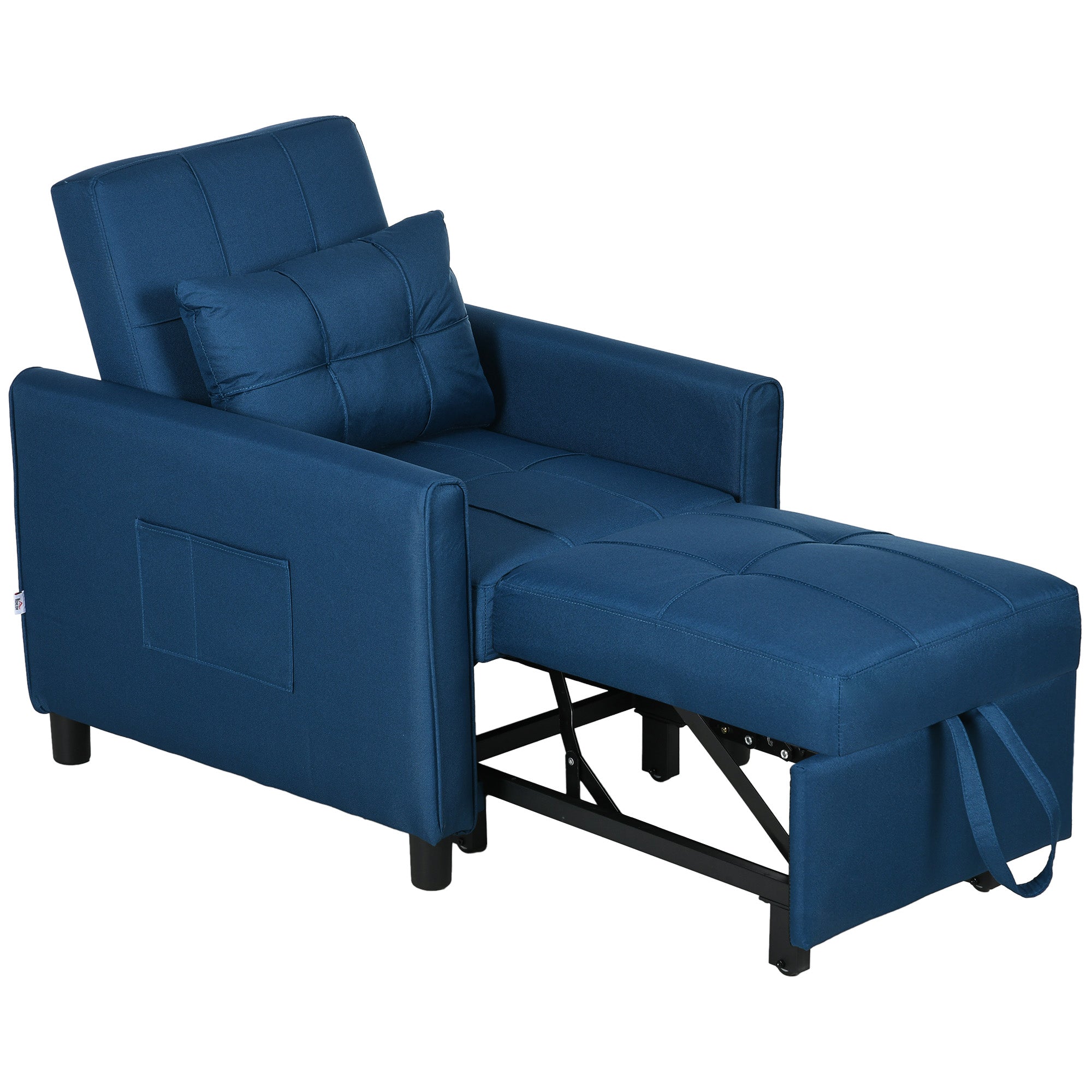 Single Sofa Bed with 3-Level Reclining Backrest, 2 Wheels, and Cushion, Foldable Single Sofa Bed for Living Room in Linen Effect Fabric and Wood, 69x82x85cm, Blue