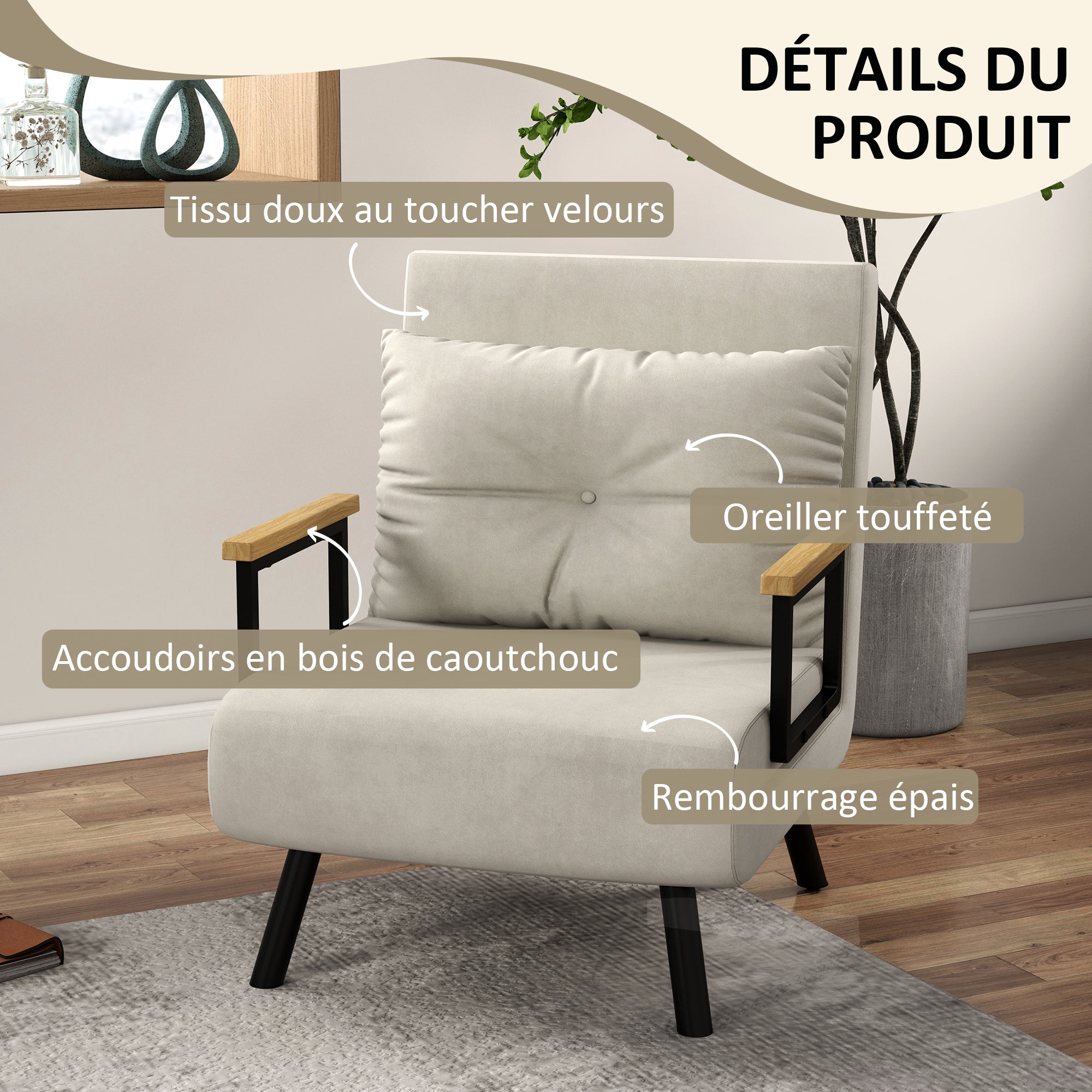 Single-Seater Convertible Armchair 4-in-1 Convertible Sofa Armchair Bed with Adjustable 5-Position Backrest, Cushion Included, 1-Seater Sofa Bed for Guests, Living Room, Load 120 kg Cream
