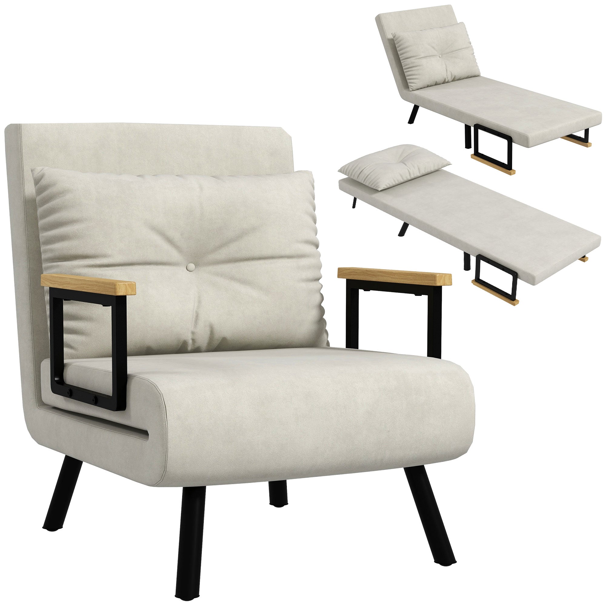 Single-Seater Convertible Armchair 4-in-1 Convertible Sofa Armchair Bed with Adjustable 5-Position Backrest, Cushion Included, 1-Seater Sofa Bed for Guests, Living Room, Load 120 kg Cream