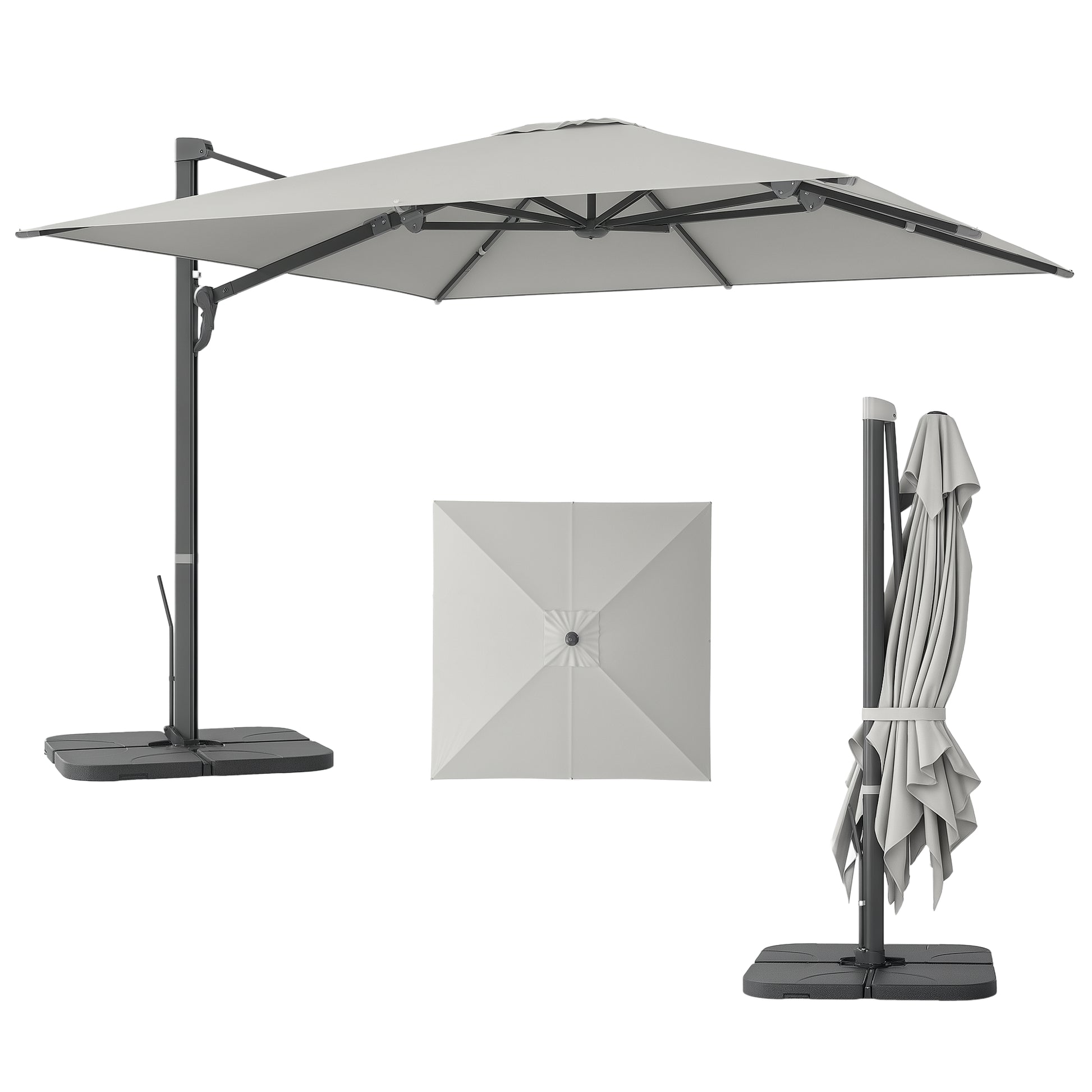 Aluminum Cantilever Umbrella 3 x 3m 360° Rotatable Sunshade with Crank Stand Tiltable Water-Resistant Market Umbrella Height Adjustable Garden Umbrella Crank Umbrella Sun Protection for Garden Balcony Light Gray