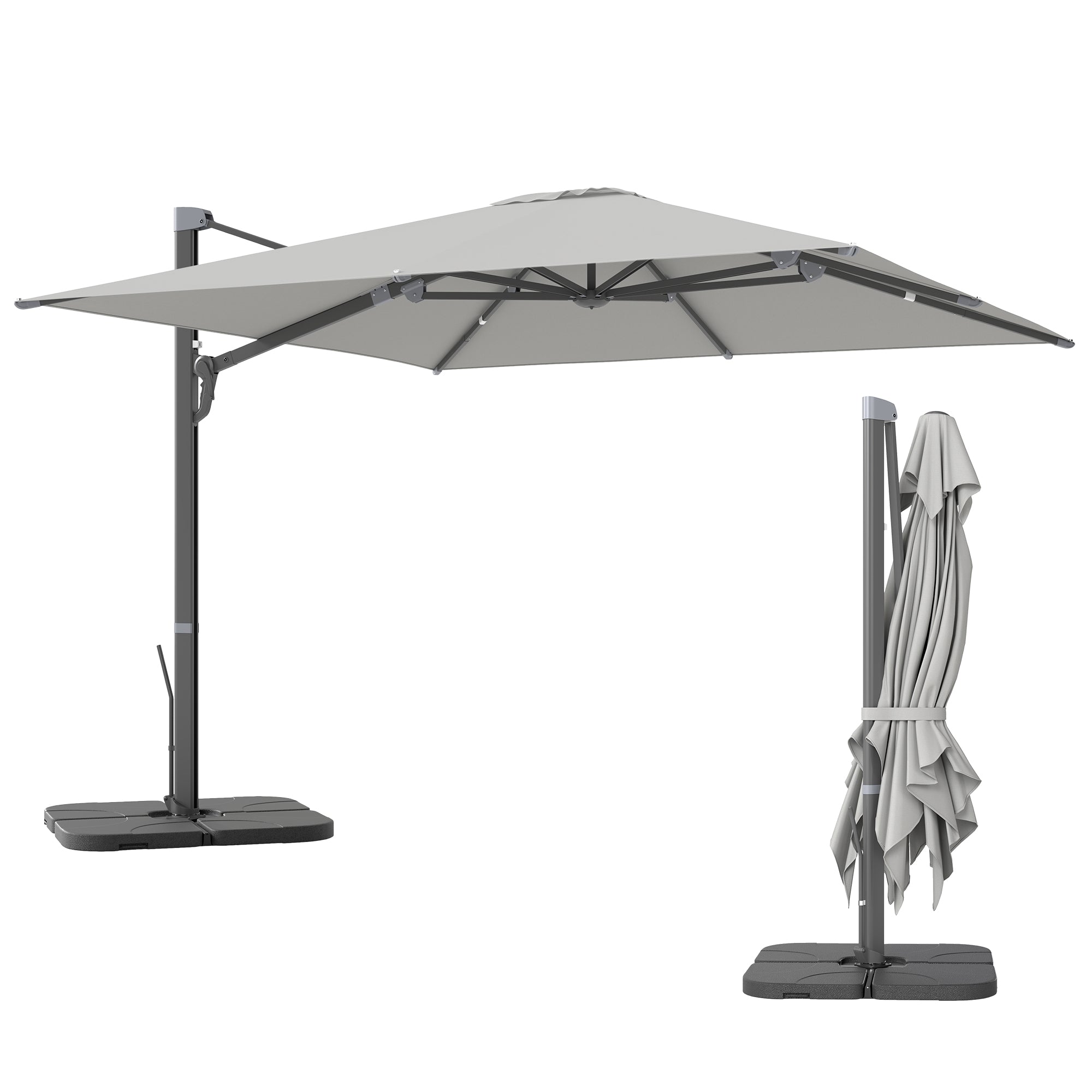 Aluminum Cantilever Umbrella 3 x 3m 360° Rotatable Sunshade with Crank Stand Tiltable Water-Resistant Market Umbrella Height Adjustable Garden Umbrella Crank Umbrella Sun Protection for Garden Balcony Light Gray