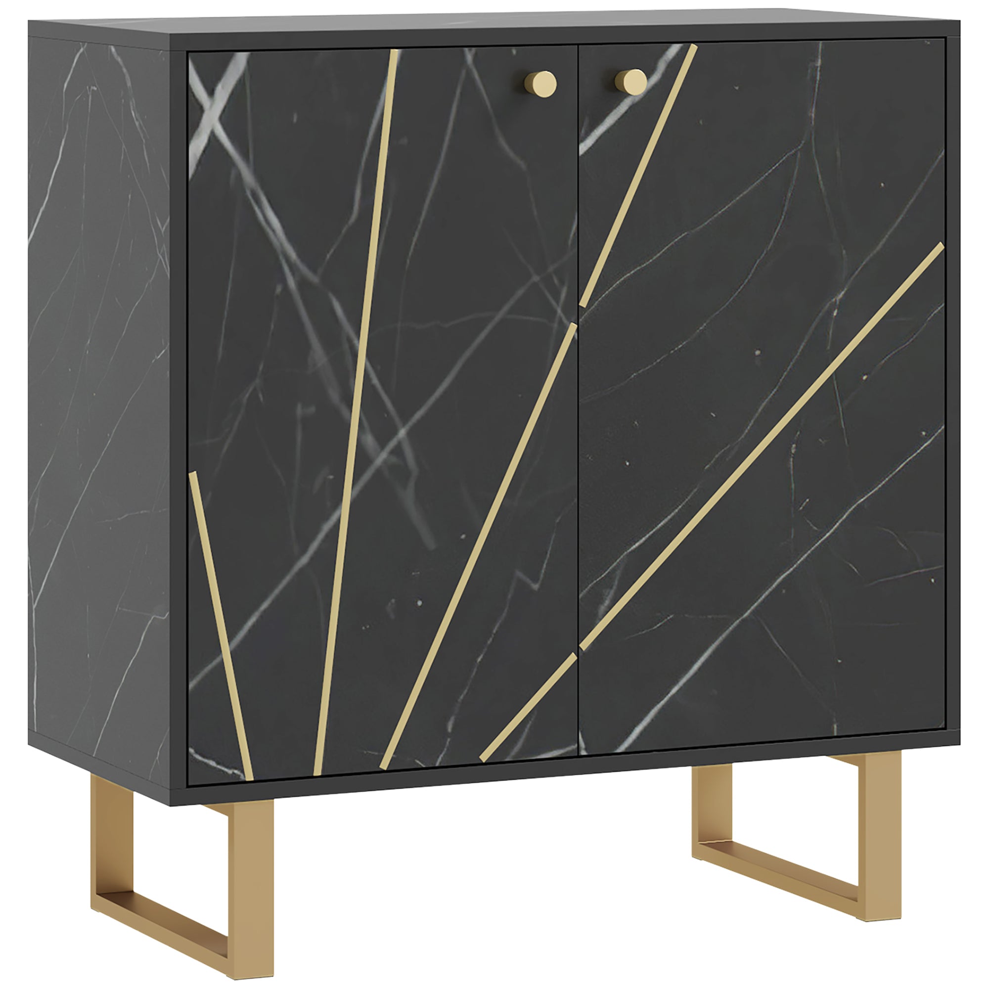 Storage Cabinet Buffet Sideboard with 1 Cupboard 2 Doors and Adjustable Shelf, Metal Legs - 76W x 35D x 77H cm, Black Marble Look