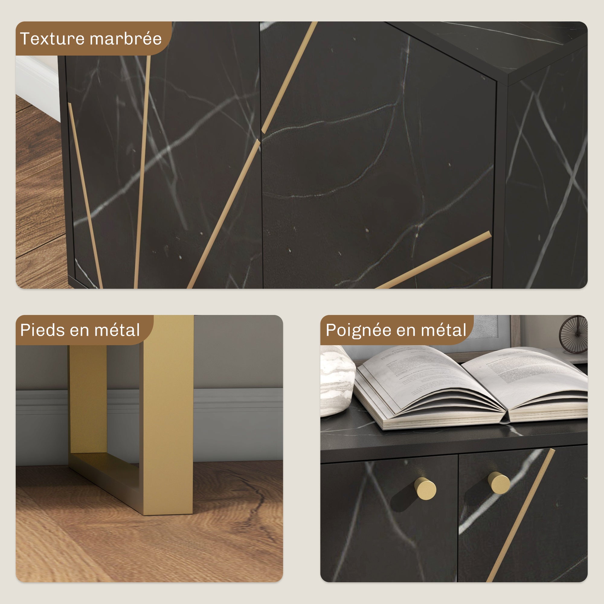 Storage Cabinet Buffet Sideboard with 1 Cupboard 2 Doors and Adjustable Shelf, Metal Legs - 76W x 35D x 77H cm, Black Marble Look