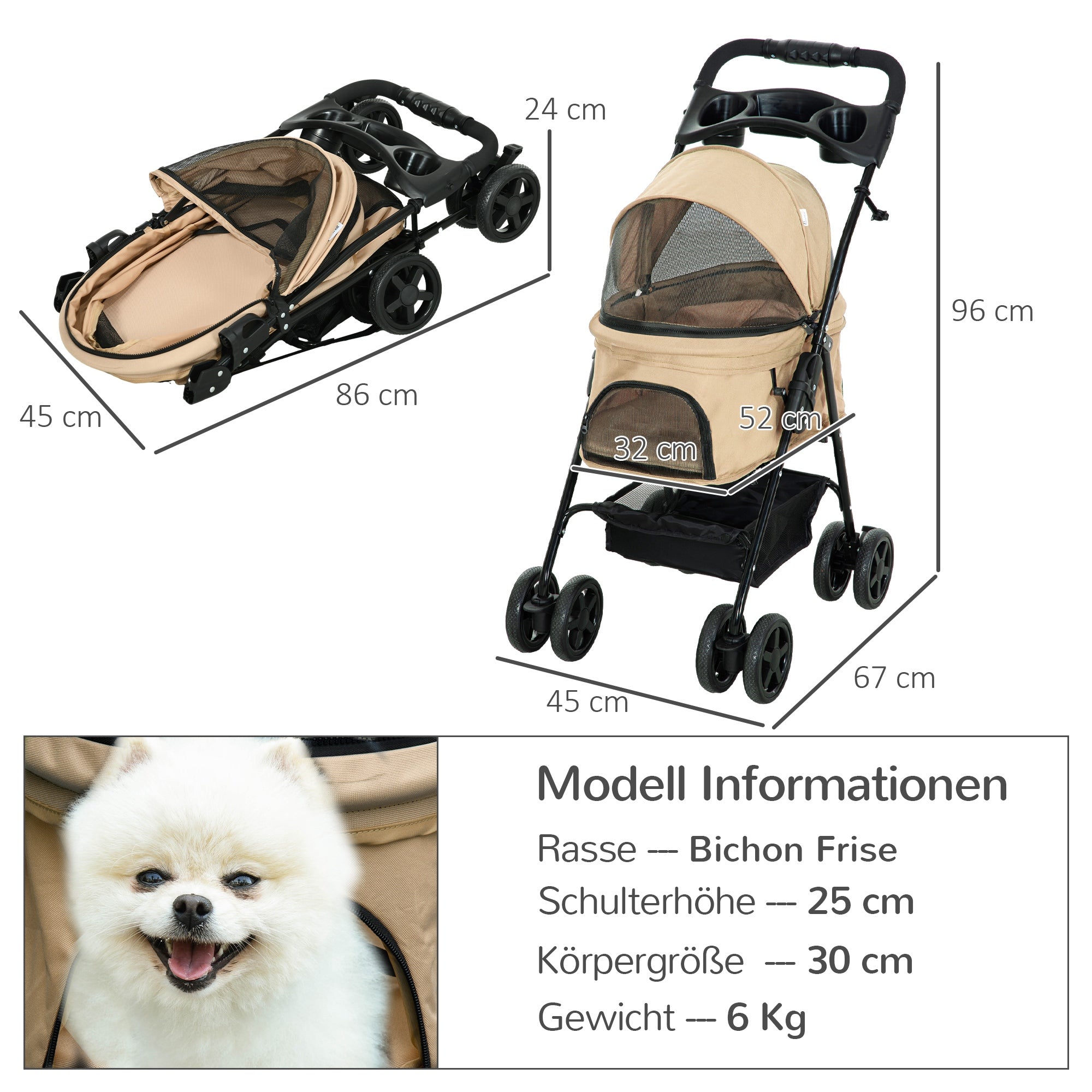 Pet Stroller Dog Buggy with Folding Function for Small Dogs and Cats Pet Cart Cat Buggy Oxford Khaki 67 x 45 x 96 cm