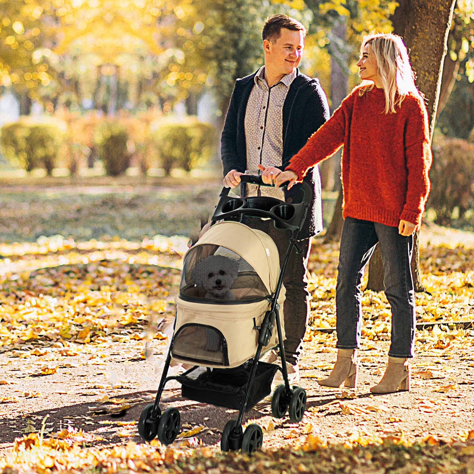 Pet Stroller Dog Buggy with Folding Function for Small Dogs and Cats Pet Cart Cat Buggy Oxford Khaki 67 x 45 x 96 cm