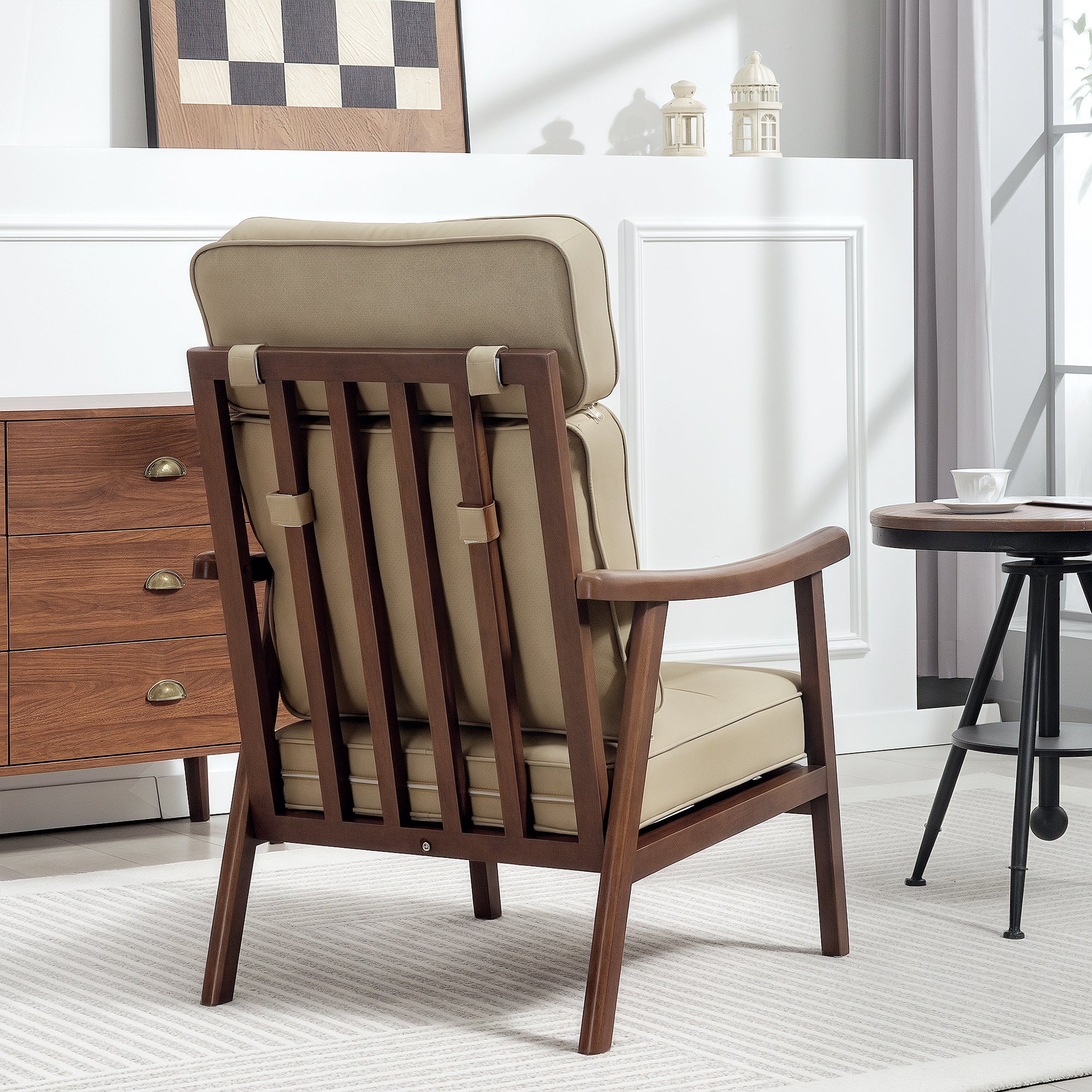 Living Room Armchair Upholstered in PU with Wooden Frame Thick Padded Cushions High Backrest 150 kg Load Reading Armchair for Living Room Bedroom Khaki and Walnut Wood