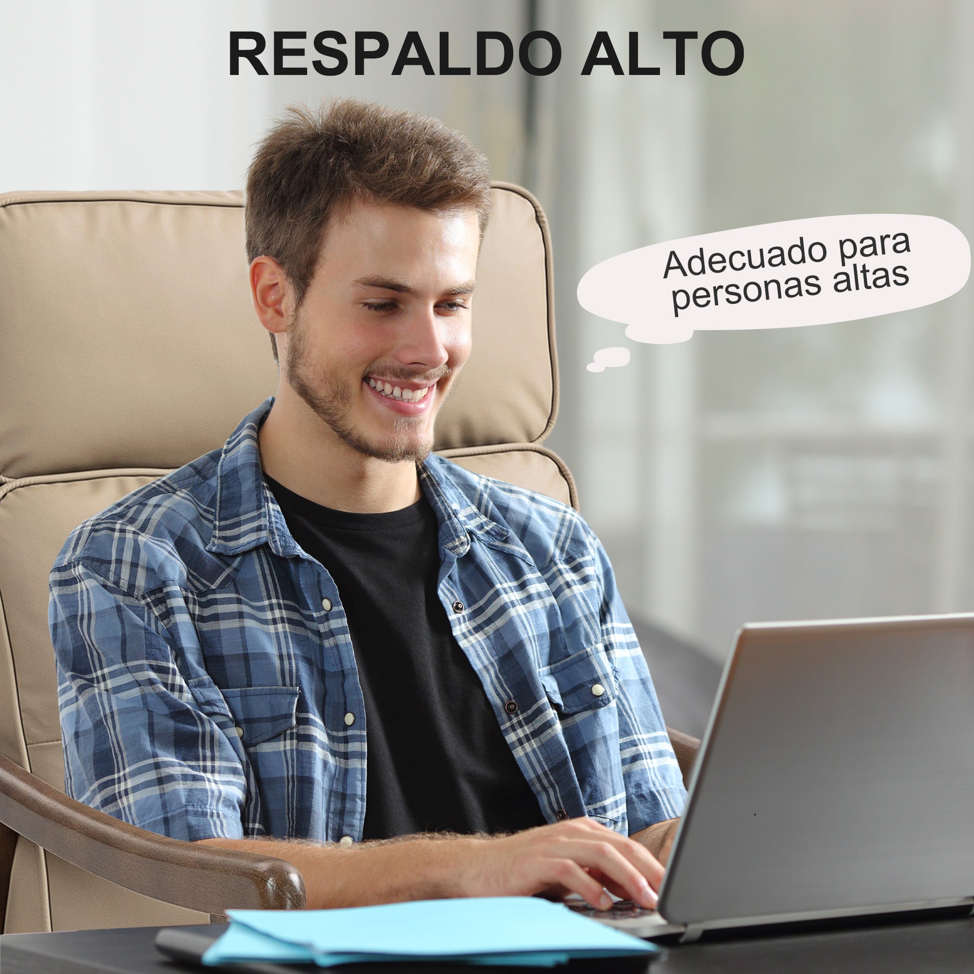 Living Room Armchair Upholstered in PU with Wooden Frame Thick Padded Cushions High Backrest 150 kg Load Reading Armchair for Living Room Bedroom Khaki and Walnut Wood