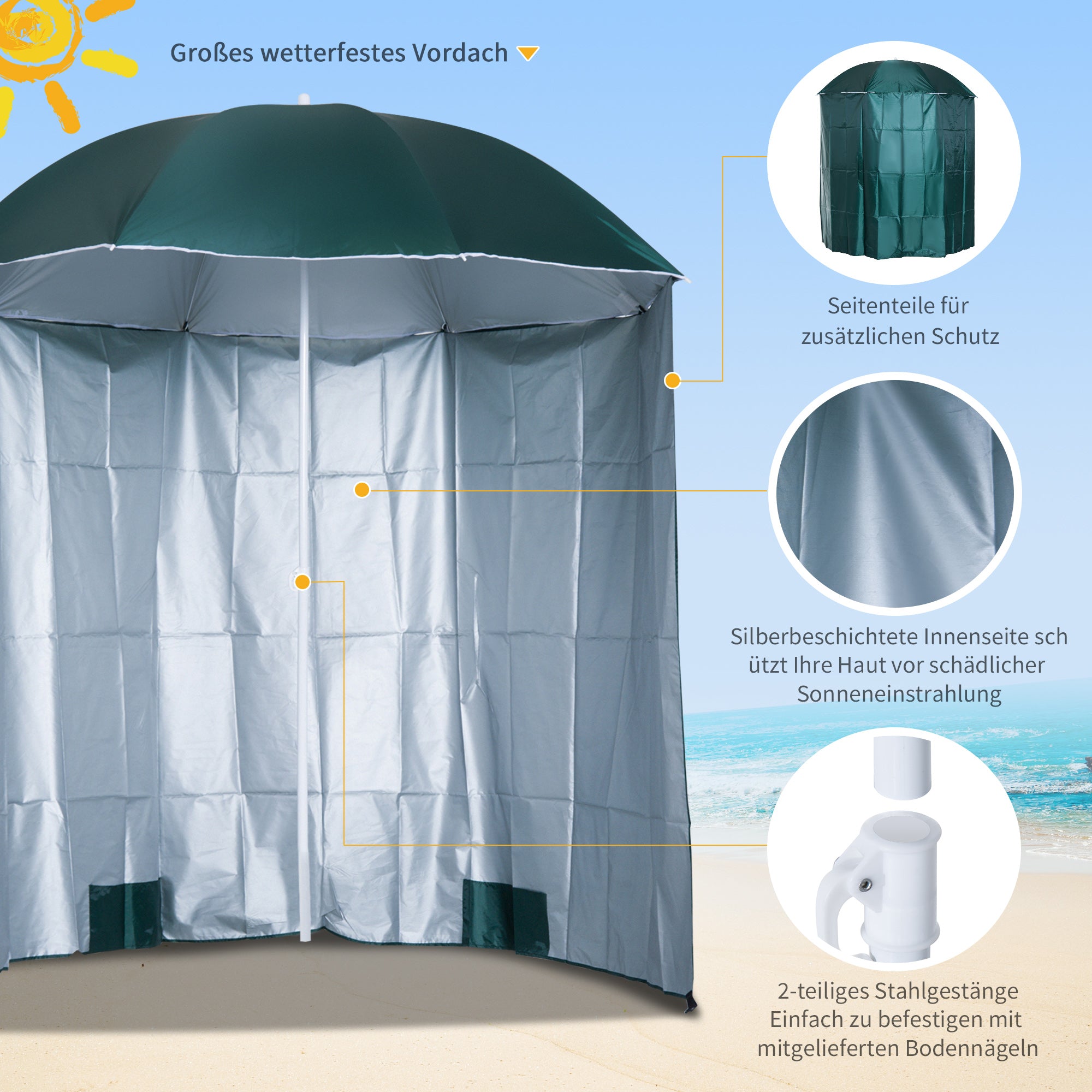 Sun Umbrella Beach Umbrella Sun Protection with Side Wall Beach Polyester Dark Green 2.2 x H2.2m