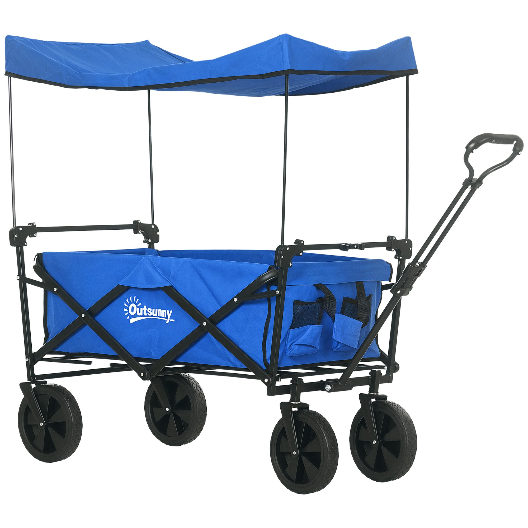 Folding Cart with Removable Canopy Beach Cart Garden Cart with Adjustable Handle Length and Angle Large Wheels and Carrying Bag Load 100 kg for Shopping Blue