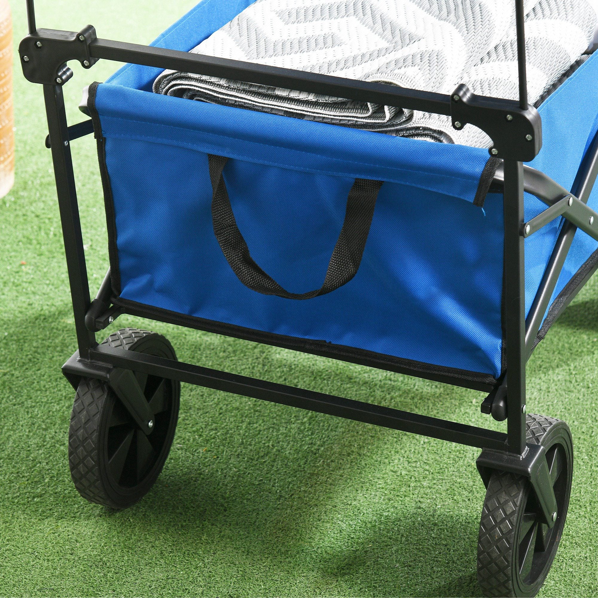 Folding Cart with Removable Canopy Beach Cart Garden Cart with Adjustable Handle Length and Angle Large Wheels and Carrying Bag Load 100 kg for Shopping Blue