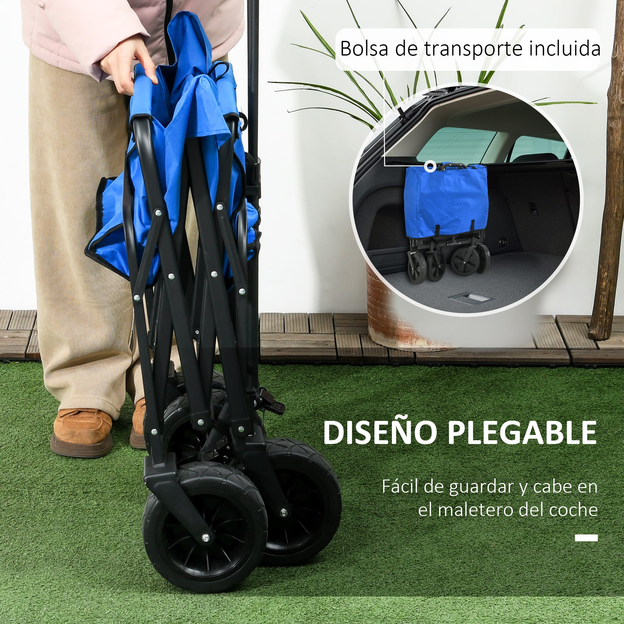 Folding Cart with Removable Canopy Beach Cart Garden Cart with Adjustable Handle Length and Angle Large Wheels and Carrying Bag Load 100 kg for Shopping Blue