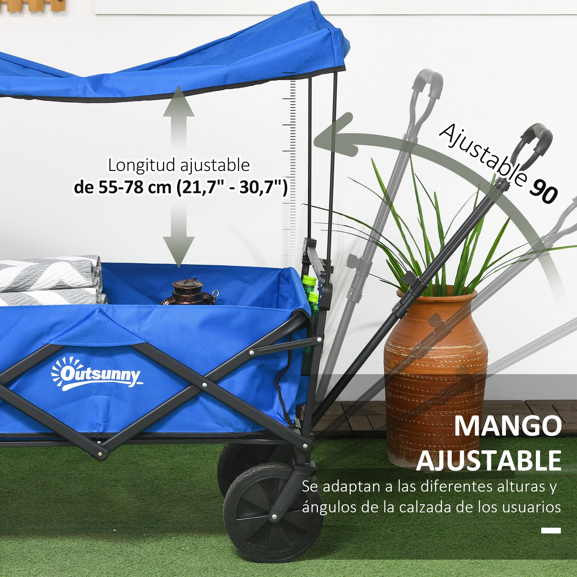 Folding Cart with Removable Canopy Beach Cart Garden Cart with Adjustable Handle Length and Angle Large Wheels and Carrying Bag Load 100 kg for Shopping Blue