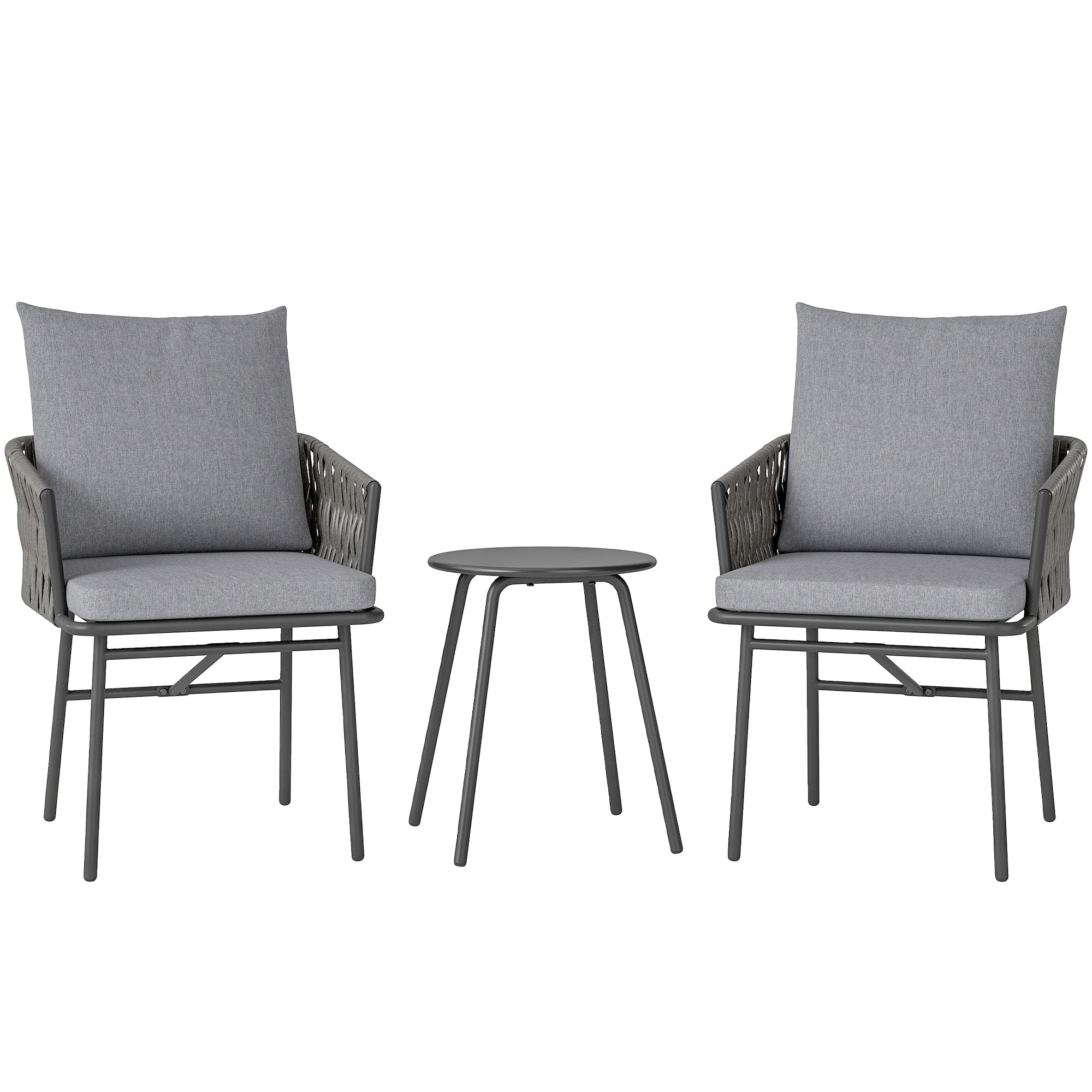 3-Piece Rattan Bistro Set, Seating Group, Garden Furniture with 2 Garden Chairs, Coffee Table, Removable Cushions, Balcony Furniture Set for Garden, Patio, Steel, Gray