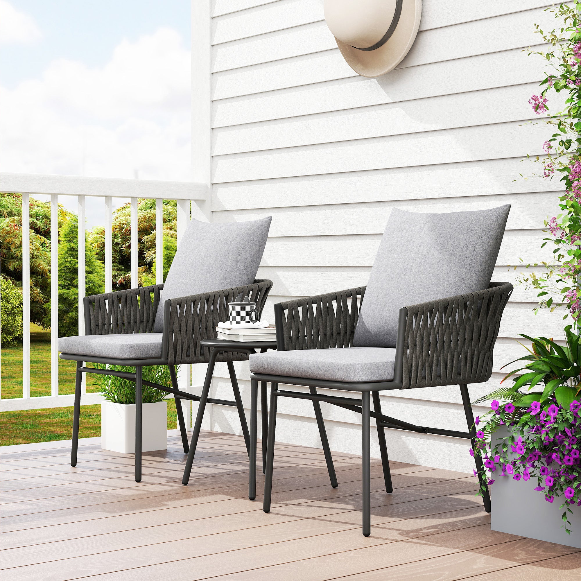 3-Piece Rattan Bistro Set, Seating Group, Garden Furniture with 2 Garden Chairs, Coffee Table, Removable Cushions, Balcony Furniture Set for Garden, Patio, Steel, Gray