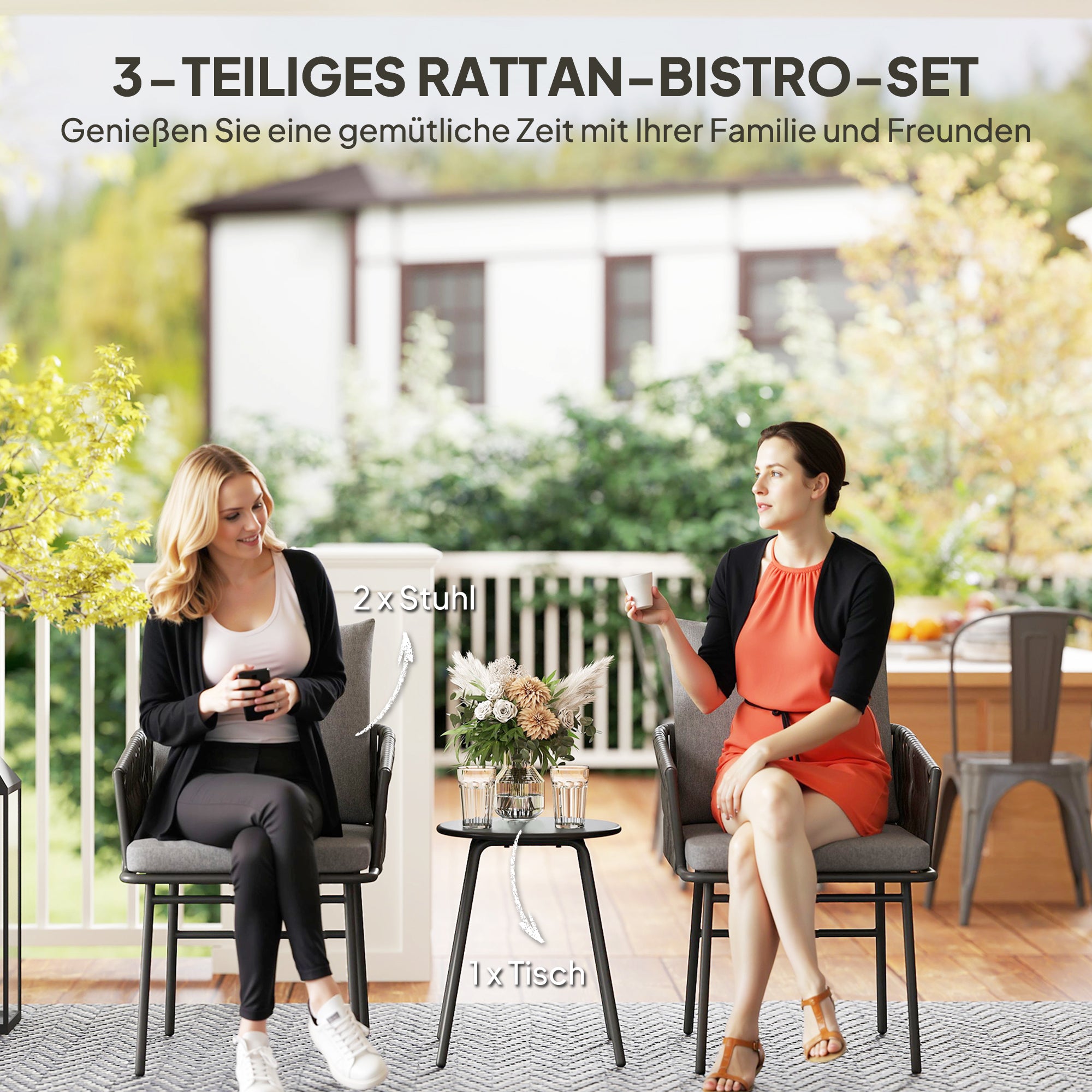 3-Piece Rattan Bistro Set, Seating Group, Garden Furniture with 2 Garden Chairs, Coffee Table, Removable Cushions, Balcony Furniture Set for Garden, Patio, Steel, Gray