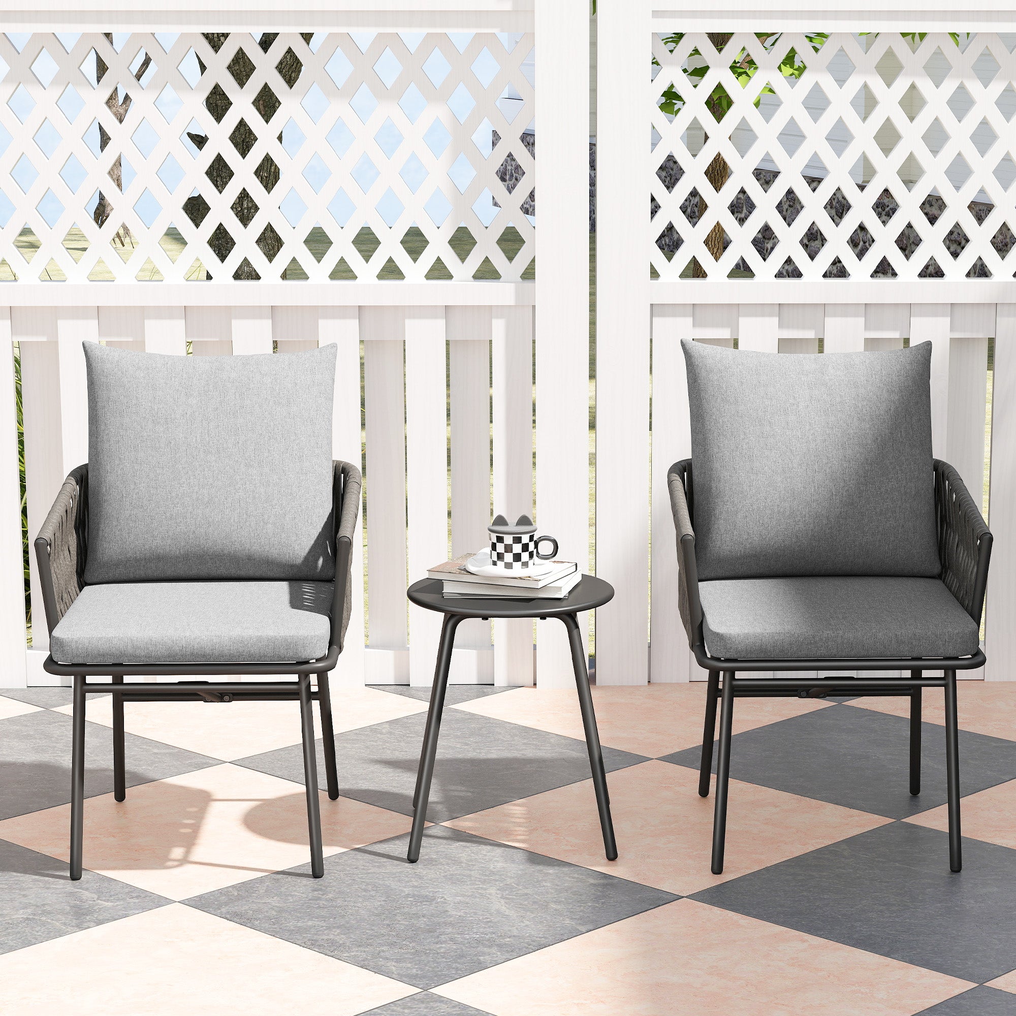 3-Piece Rattan Bistro Set, Seating Group, Garden Furniture with 2 Garden Chairs, Coffee Table, Removable Cushions, Balcony Furniture Set for Garden, Patio, Steel, Gray