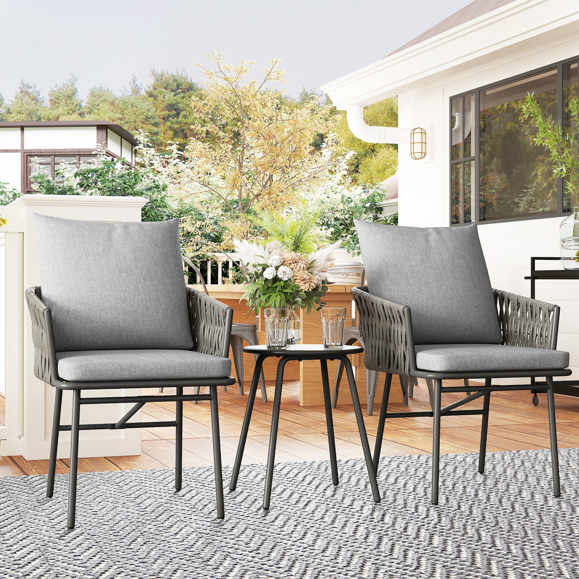 3-Piece Rattan Bistro Set, Seating Group, Garden Furniture with 2 Garden Chairs, Coffee Table, Removable Cushions, Balcony Furniture Set for Garden, Patio, Steel, Gray