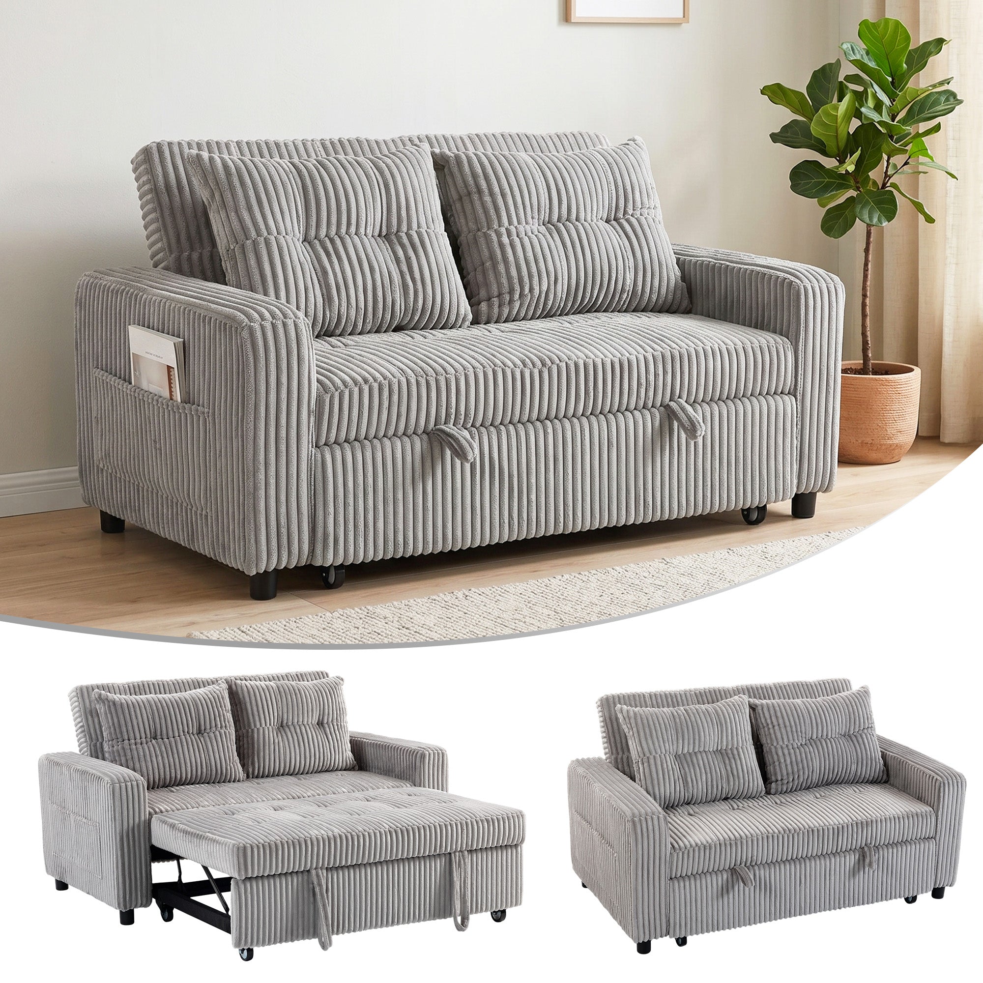 2-Seater Convertible Sofa Bed, Corduroy Upholstery, Light Gray